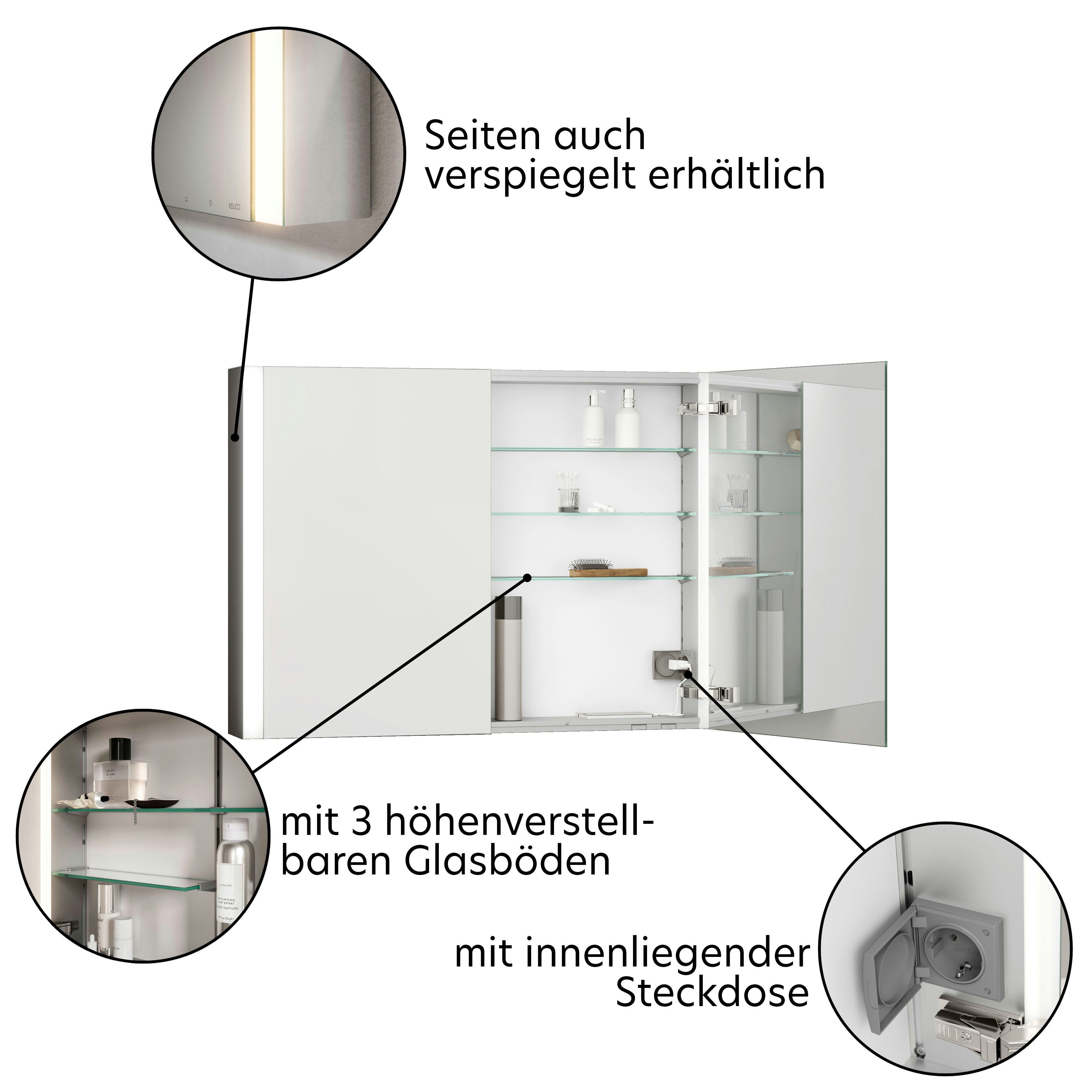 Keuco Badezimmerspiegelschrank Royal Finn mit LED-Beleuchtung und Spiegelheizung 100 cm, Aufputz, mit 2 Türen, aus Aluminium, Seiten verspiegelt
