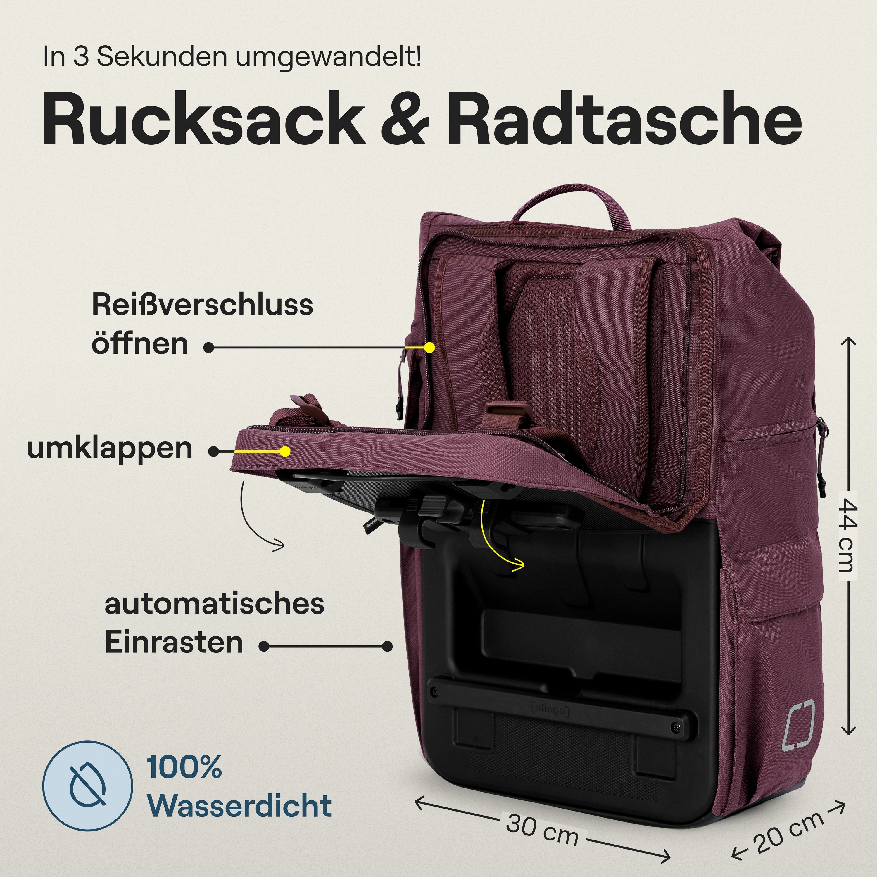 otinga Fahrradtasche Flip V3 Fahrradtasche Rucksack Wasserdicht Gepäckträgerhalterung, 34L Gepäckträgertasche mit Rucksack, Radtasche, in 3 Sekunden umgebaut