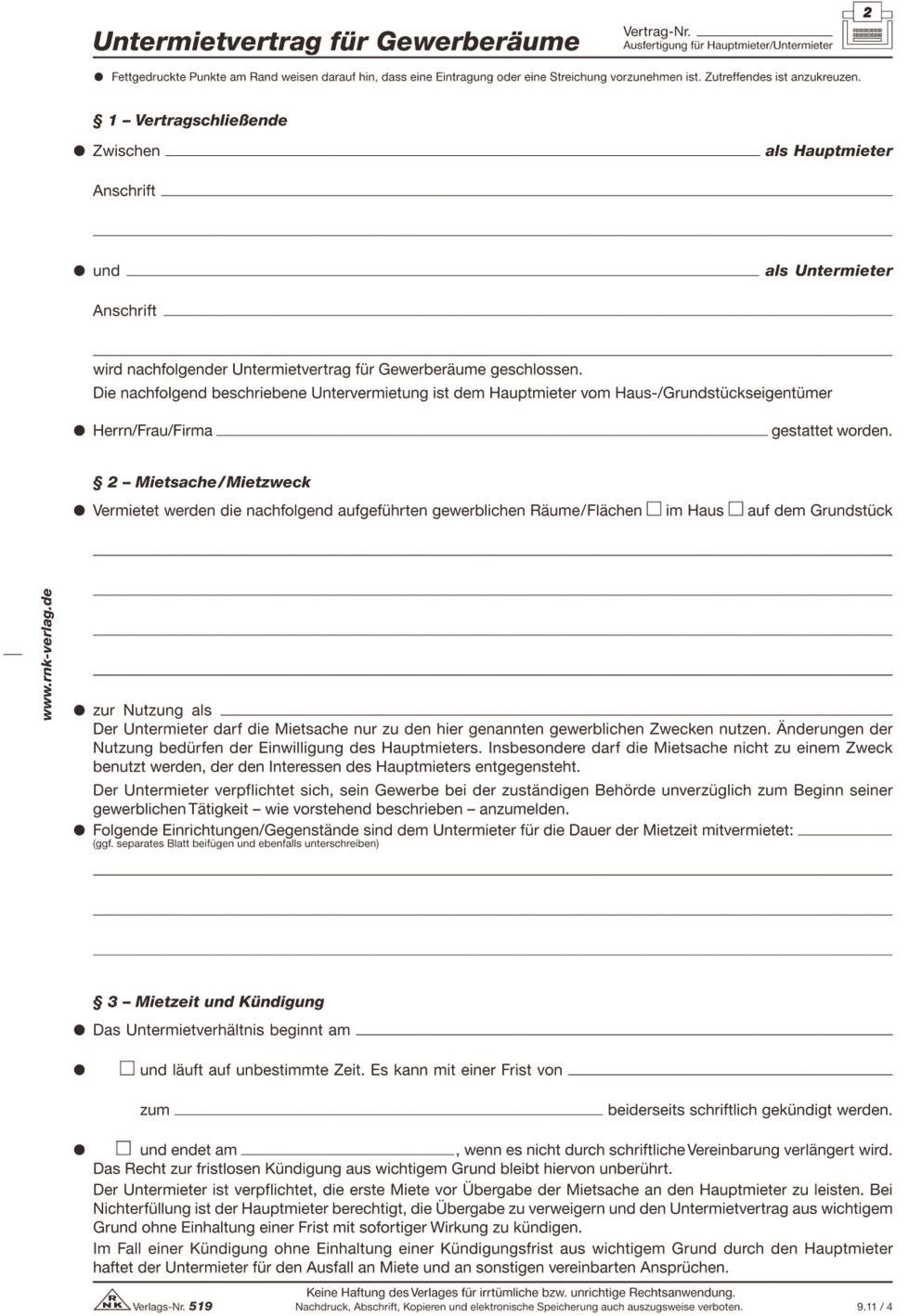 Formularblock Verlag 519 Untermietvertrag für Gewerberäume 4 Seiten gefalzt auf DIN