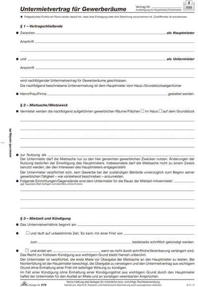 RNK Verlag Formularblock 10x Untermietvertrag für Gewerberäume, 4 Seiten, gefalzt auf DIN A4