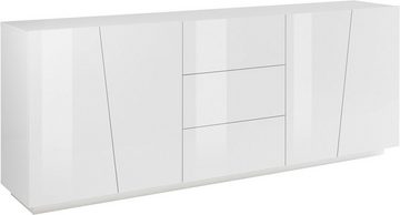 möbelando Sideboard Viterbo, Modernes Sideboard aus Spanplatte in Weiß-Hochglanz mit 4 Holztüren, 3 Schubkästen und 2 Konstruktionsböden. Breite 220 cm, Höhe 86 cm, Tiefe 43 cm