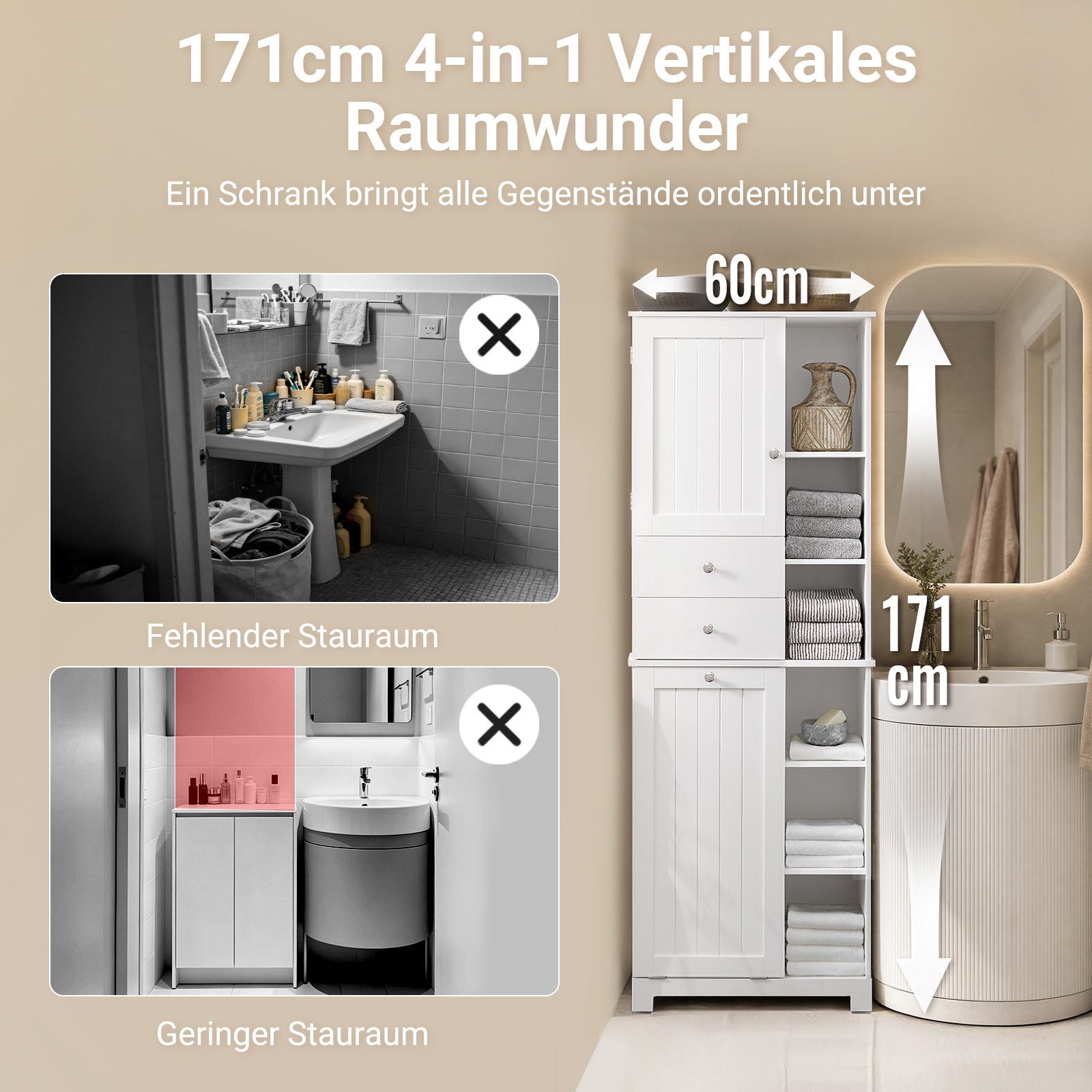 SoBuy Hochschrank BZR104, Badezimmerschrank, 4-in-1 Badkommode, Aufbewahrungsschrank Wäscheschrank, offenen Fächern, mit Wäschekorb, Schrank für Badezimmer – Bild 4 von 5