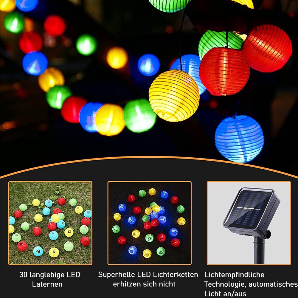 zggzerg LED-Lichterkette LED 6,5M Solar Modi Lampions 30 Aussen, Bunt Lichterkette 8