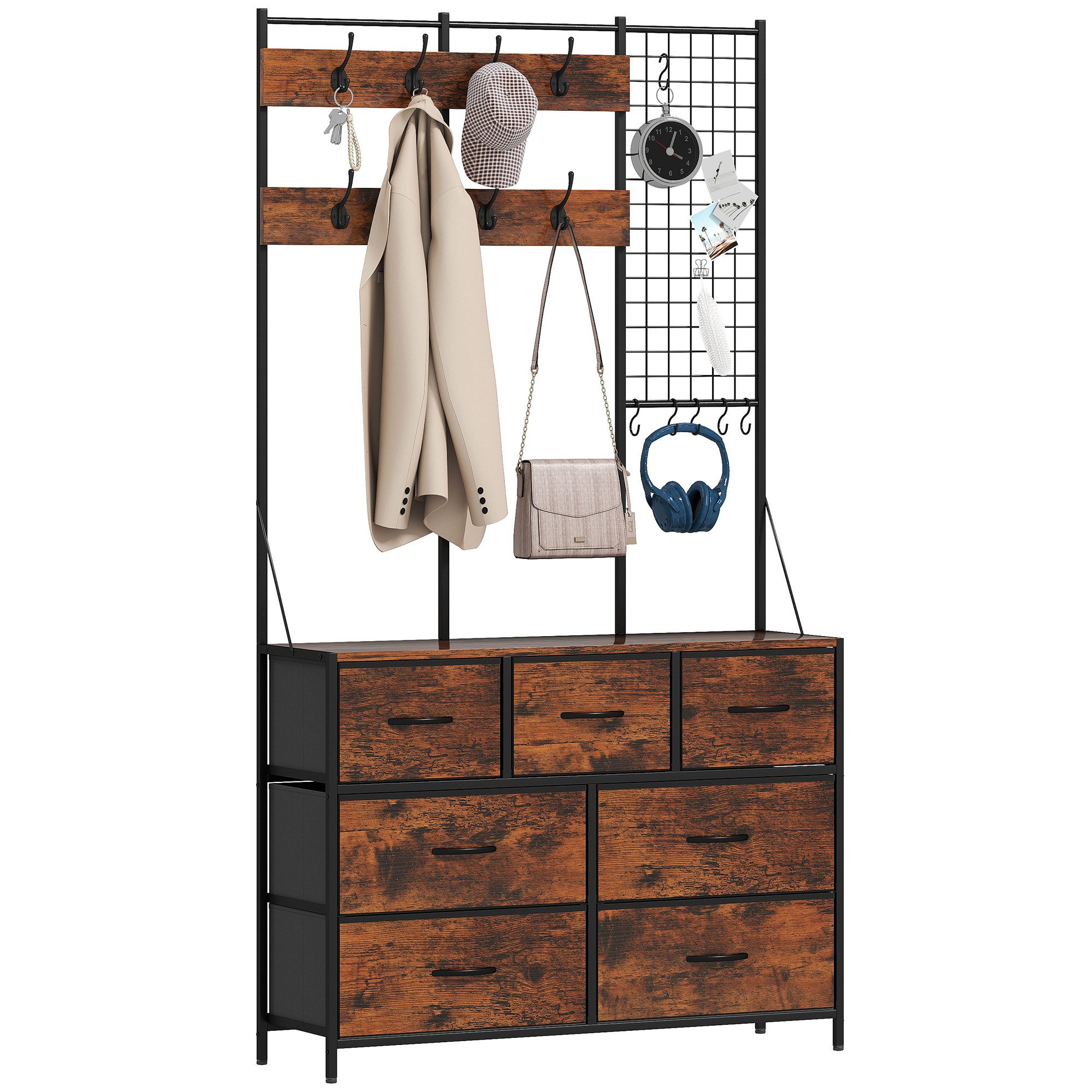 HOMCOM Garderobenständer Kleiderständer Flurgarderobe mit 14 Haken, (Set, 1 St., 1), 4-in-1 Garderobe mit 7 Schubladen