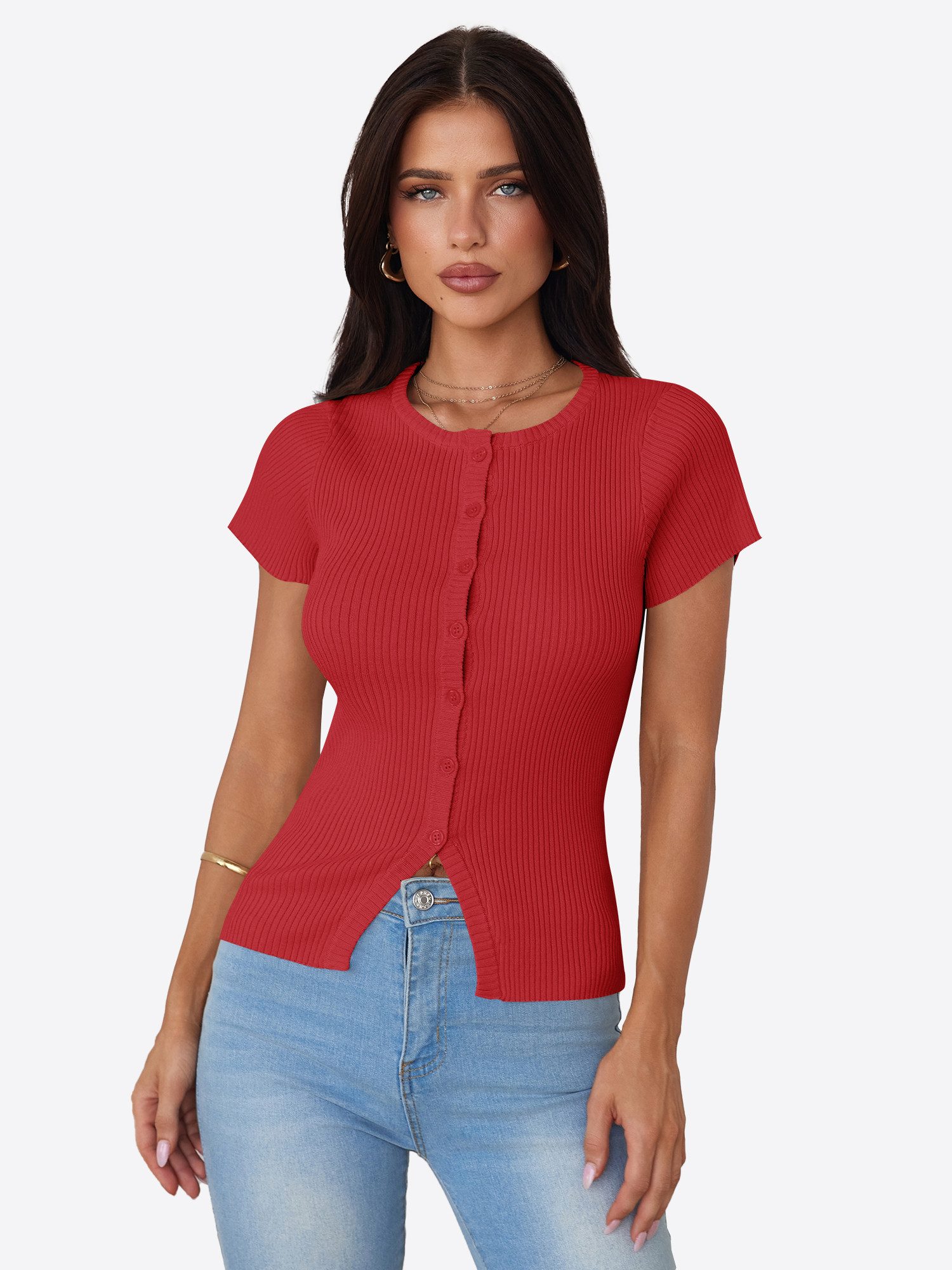 Imily Bela Kurzarmshirt Damen geripptes Strickoberteil Rundhals Knopfleiste Basic Top (Packung, 1-tlg., 1per-Pack) mit geschlitzter Saum in Unifarbe