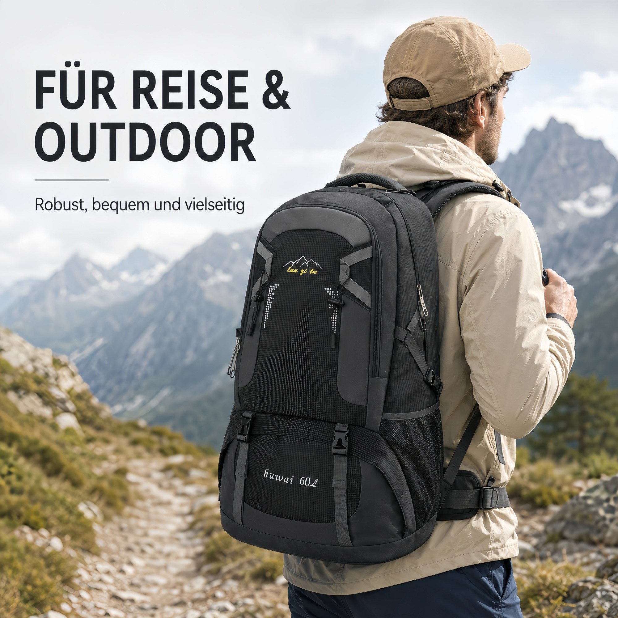 ibettertec Wanderrucksack Wanderrucksack 60L, Fahrradrucksack Radrucksack Fahrradrucksäcke (Sportrucksäcke Wander-Rucksack Motorradrucksack Biker-Rucksack, Wanderrucksack Trekkingrucksack Bergrucksack, wasserdichter), Herren & Damen mit Helmnetztasche,Trinkblasen können platziert werden