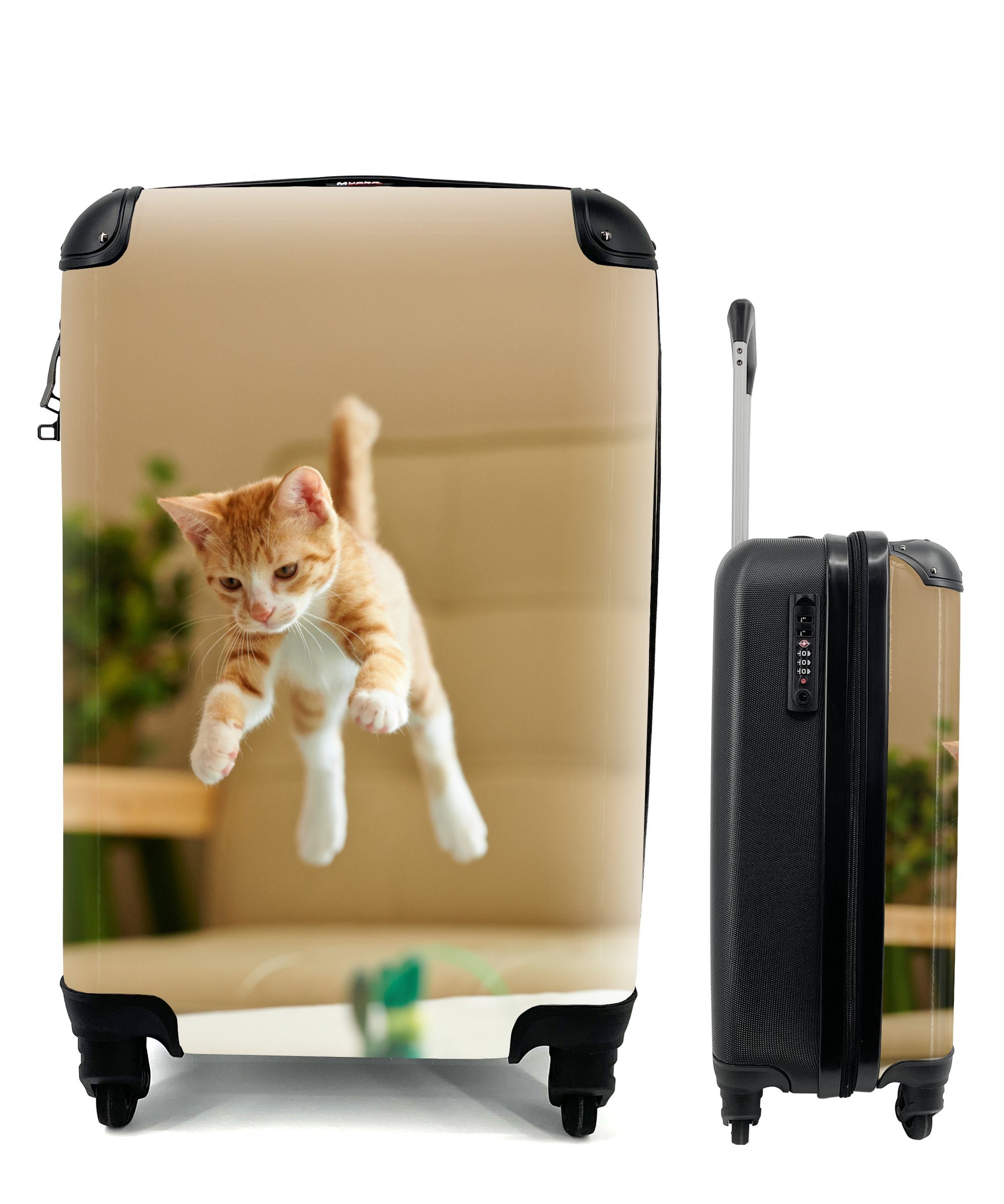 MuchoWow Handgepäckkoffer Katze - Springen - Spielzeug, 4 Rollen, Reisetasche mit rollen, Handgepäck für Ferien, Trolley, Reisekoffer