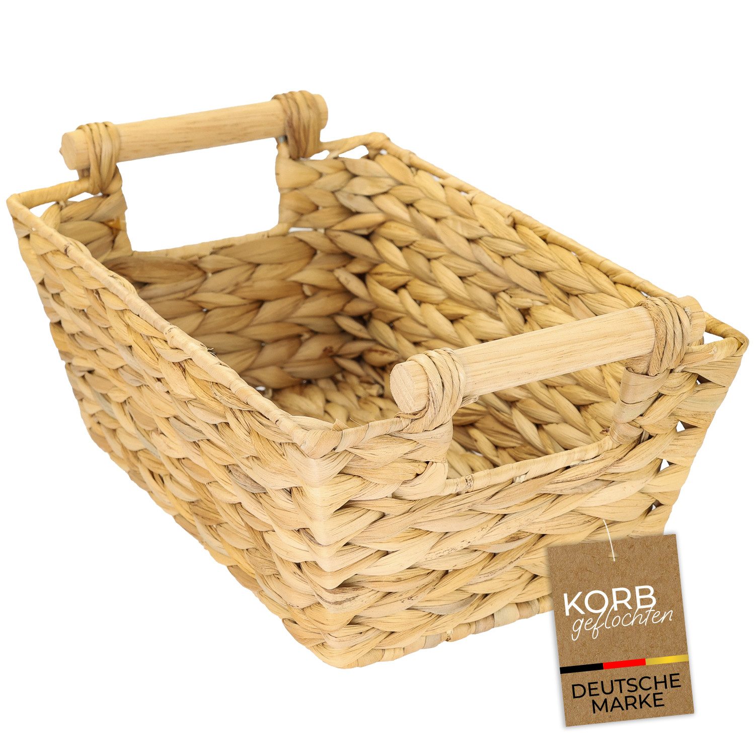 HMF Aufbewahrungskorb Aufbewahrungskorb geflochten aus Wasserhyazinthe, Korb mit (1 St), Holzgriffen für Badezimmer, Küche und Wohnbereich, 30 x 20 x 12 cm