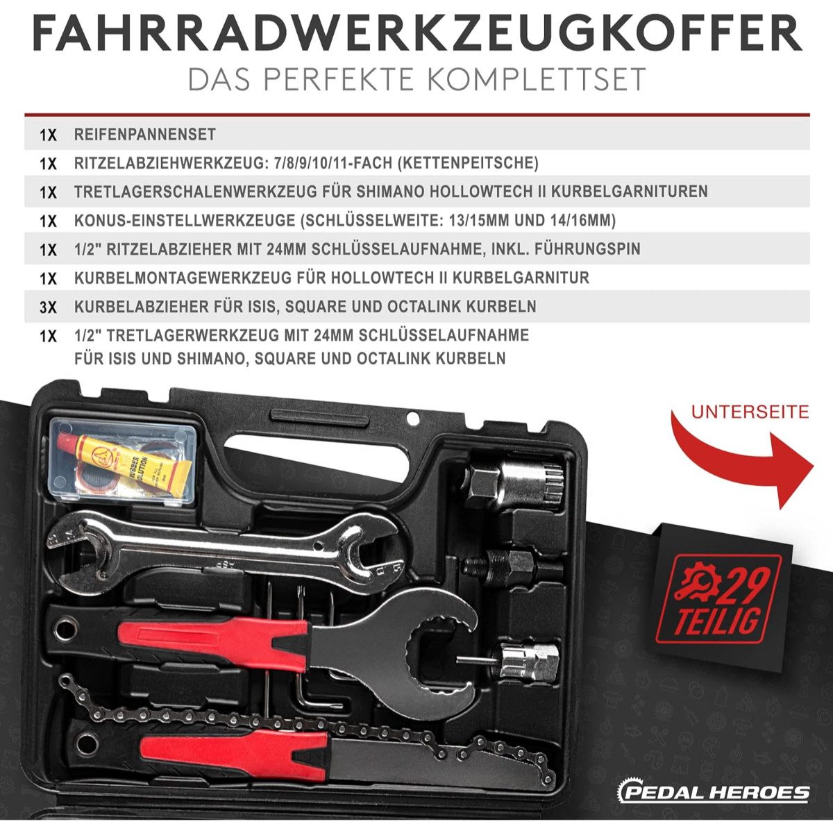 Pedal Heroes Fahrrad-Reparaturset Fahrrad Werkzeug Set 29 Teile mit Koffer, Rahmentasche und Poliertuch, 29-St.