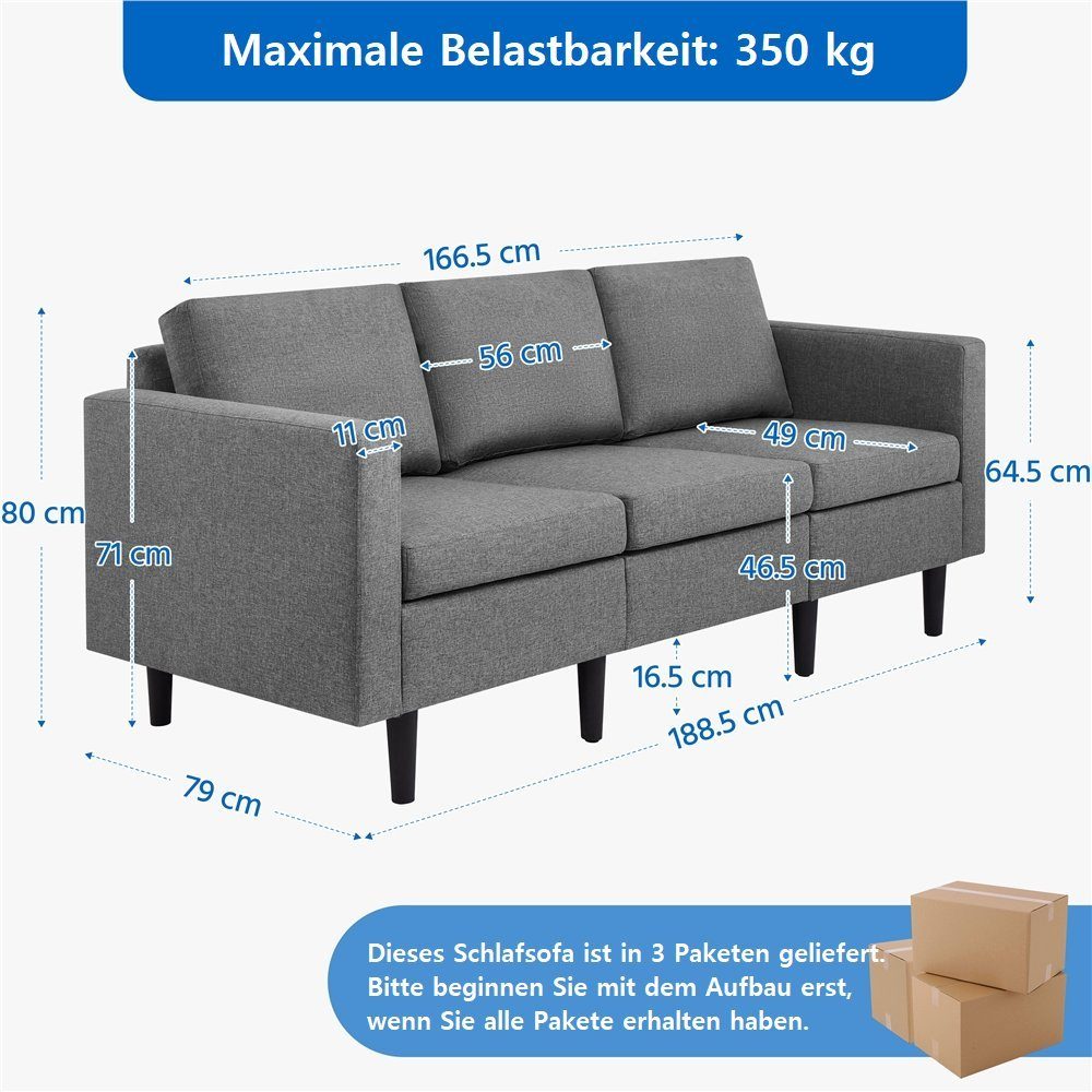 Yaheetech Schlafsofa, belastbar KG für Personen, 3-Sitzer-Sofa max.340 hellgrau Polstersofa Couch 3