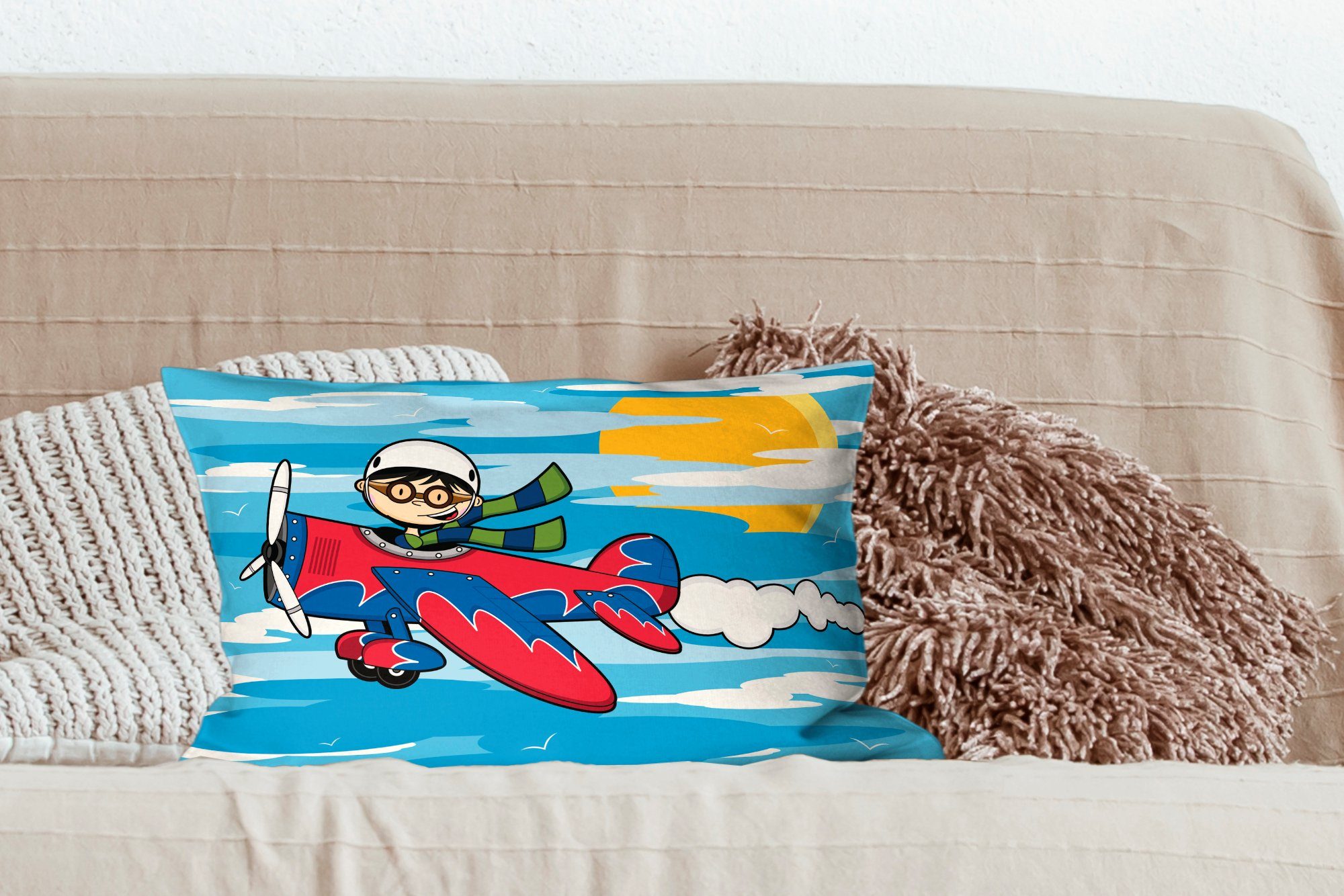 einem Schlafzimmer Kindheitsillustration Dekokissen blauen Zierkissen, Kindes Dekoration, mit MuchoWow und eines Flugzeug, Füllung, in Wohzimmer Dekokissen roten