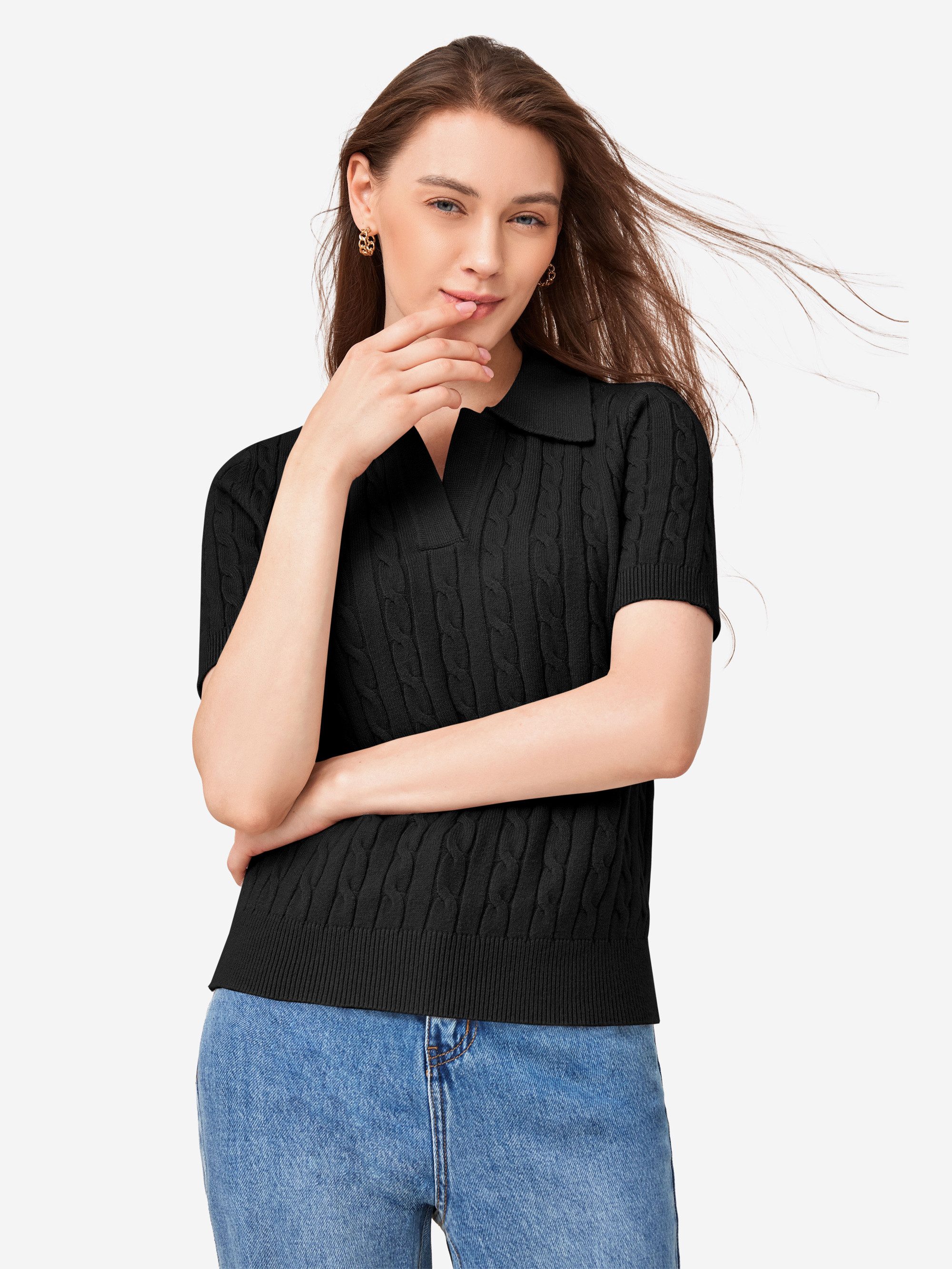 Imily Bela Strickpullover Damen Kurzarm Pullover mit Reverskragen (Packung, 1-tlg., 1per-Pack) V-Ausschnitt