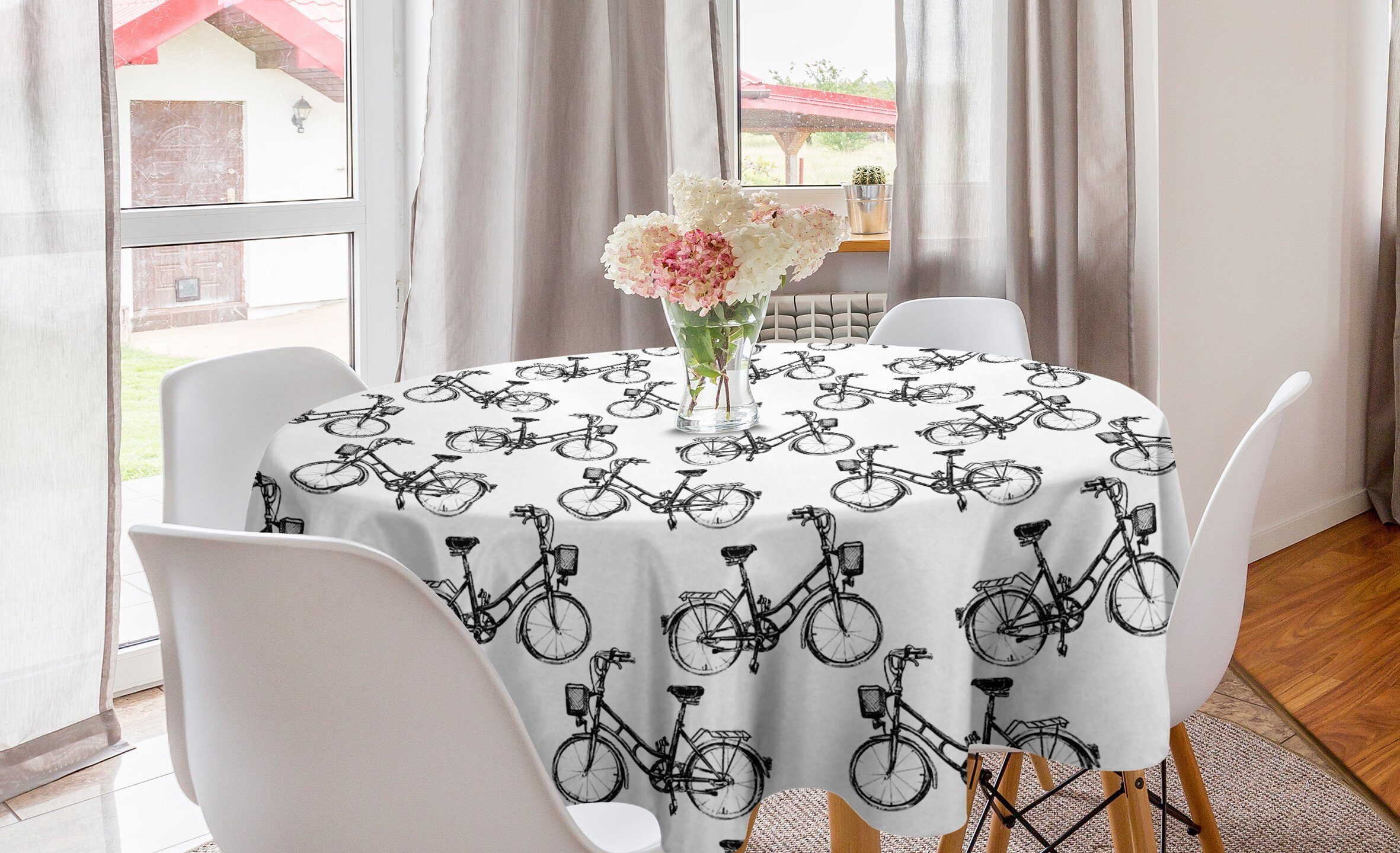 Abakuhaus Tischdecke Kreis Tischdecke Abdeckung für Esszimmer Küche Dekoration, Skizzieren Monochrome Fahrräder Muster