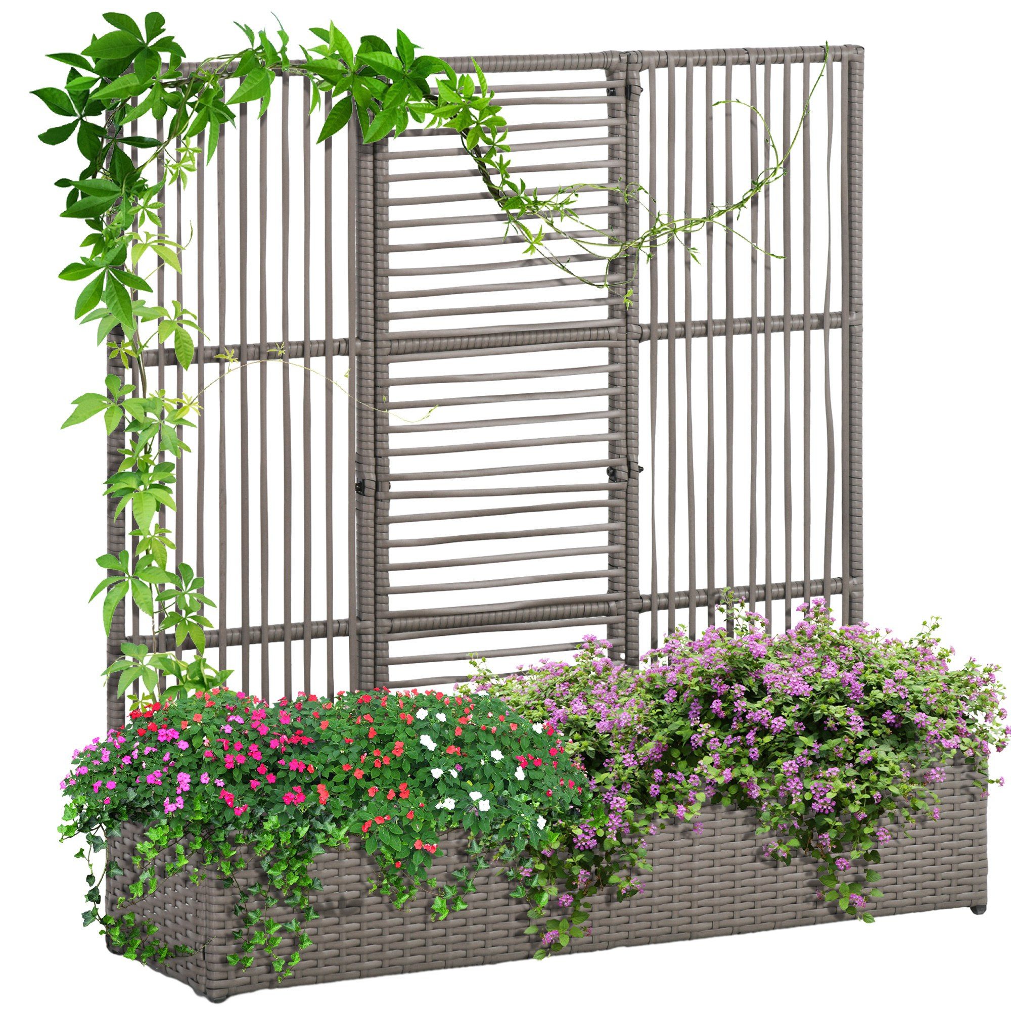 Outsunny Hochbeet mit Rankgitter, in Rattan-Optik (Blumenkasten, 1 St., Pflanzkasten), für Garten, Balkon, 103 x 29 x 103 cm Grau