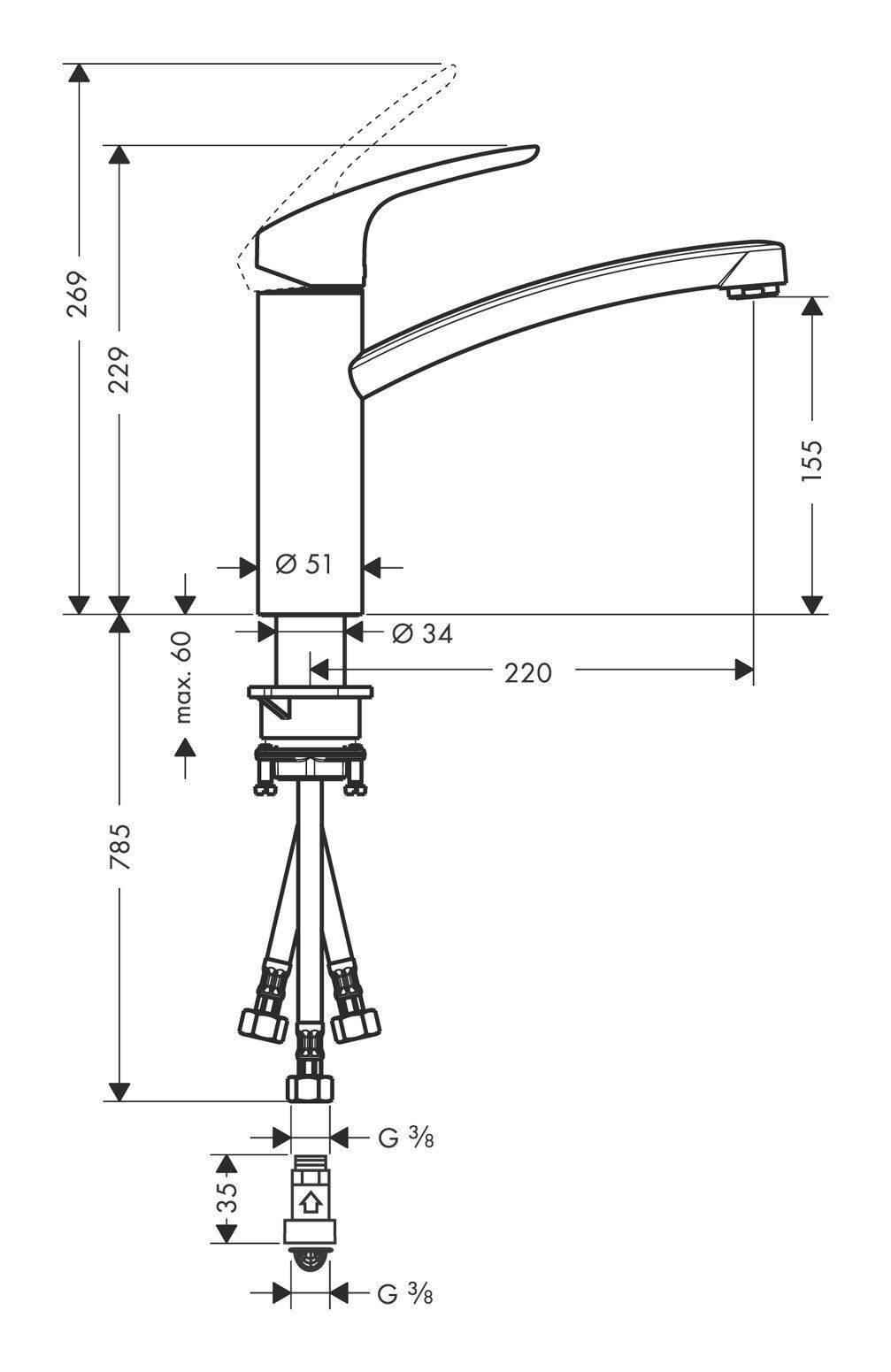 Chrom Küchenarmatur - Focus Niederdruck M41 hansgrohe 160 1jet Einhebel-Küchenmischer