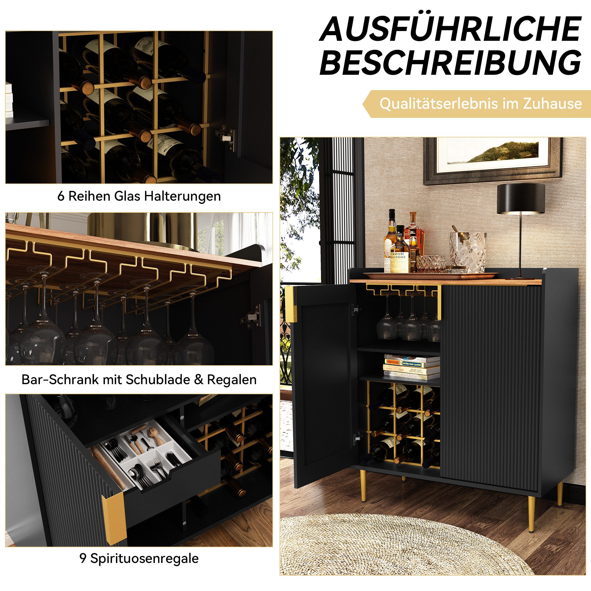 HOLTICO Weinschrank Multifunktionaler Bar-Schrank, moderner Kaffeetresen-Schrank (1-St) mit 9 Flaschenregalen, 6 Glas-Halterungen, Schublade & Regalen