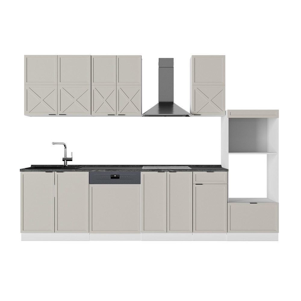 Vicco Küchenzeile Fame-Line, GrauBeige/Weiß/Weiß, 300 cm mit Hochschrank, AP Anthrazit