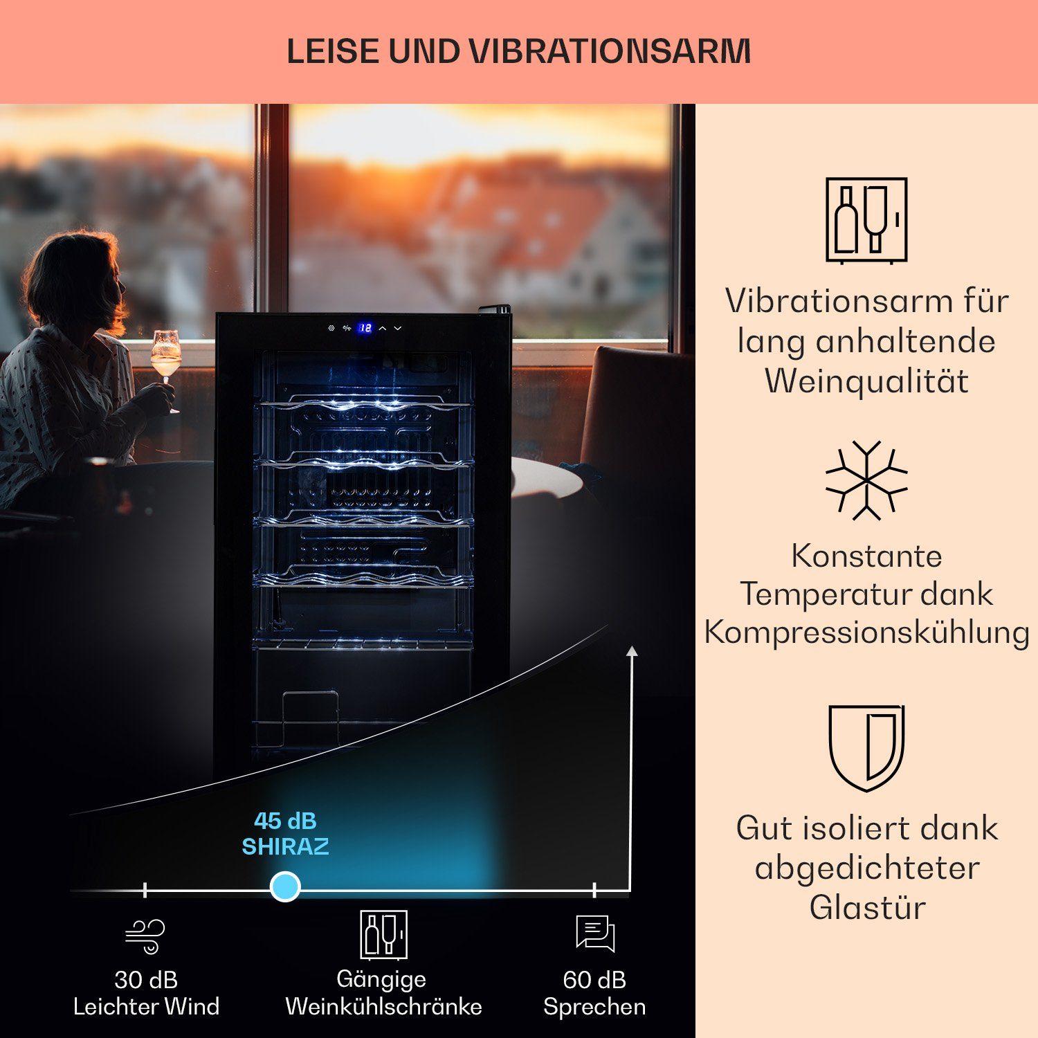Klarstein Weinkühlschrank Shiraz 24 Uno, für 24 Standardflaschen á 0,75l,Wein Flaschenkühlschrank Weintemperierschrank Weinschrank Kühlschrank – Bild 5 von 5