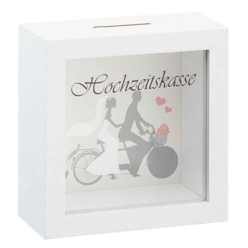Spetebo Spardose Spardose Hochzeitskasse weiß - 15 cm, Sparbüchse mit Sichtfenster und Hochzeitsmotiv