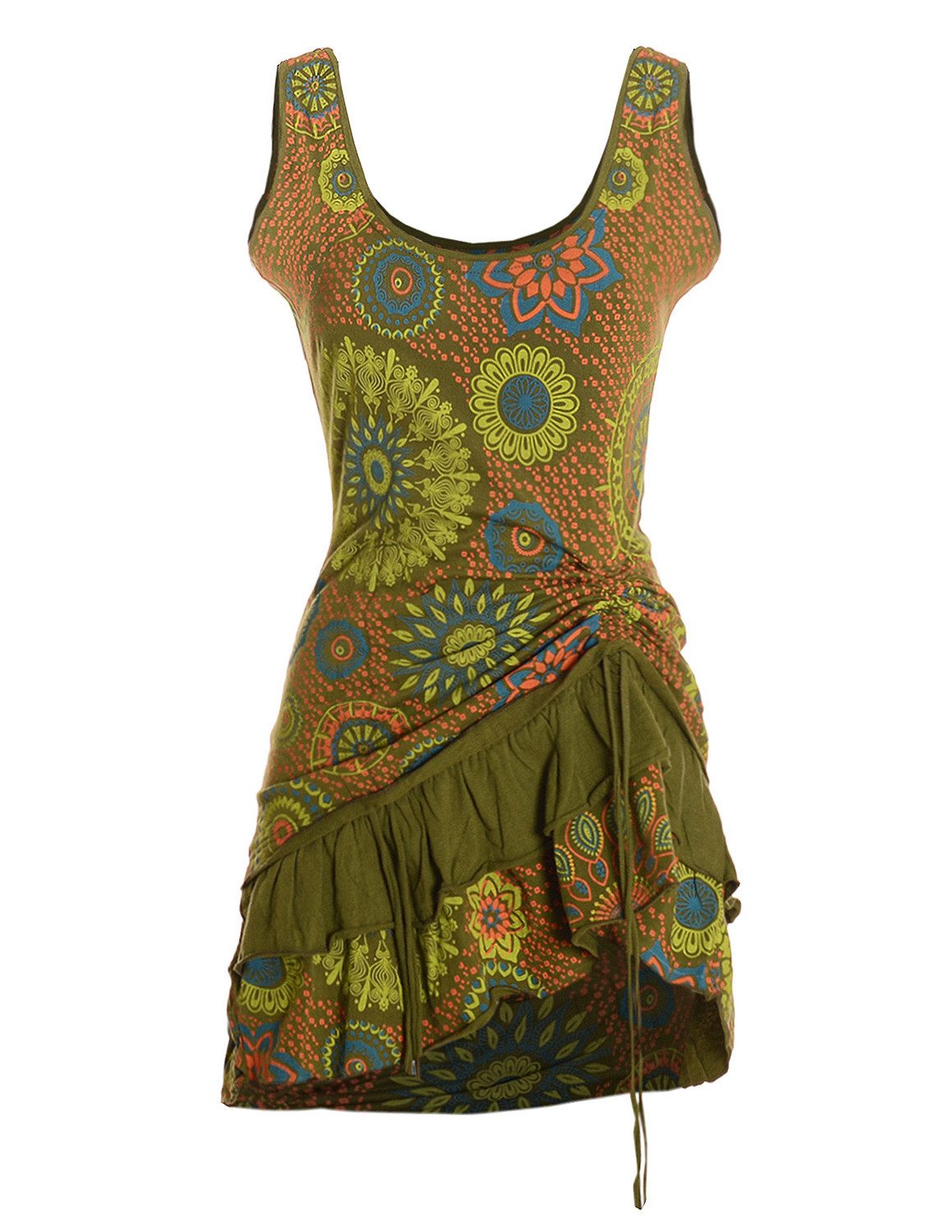 Vishes Sommerkleid Damen Ärmellos Bedruckt Rüschen Raffung Baumwolle Alternative Mode, Boho, Hippie, Ethno, Festival