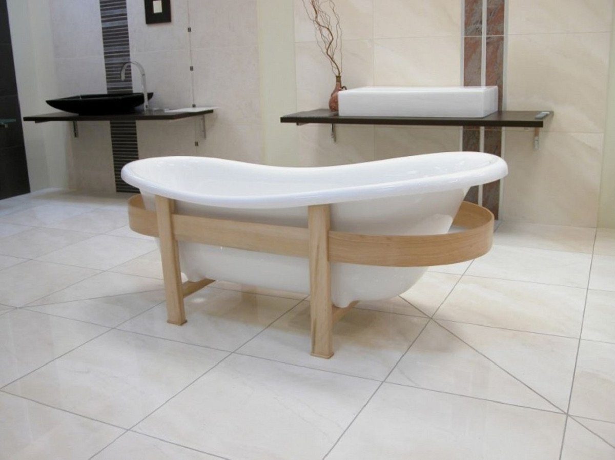 Thumbnail - Casa Padrino Badewanne Luxus Retro Badewanne Weiß / Naturfarben 178 x 76 x H. 73 cm - Freistehende Badewanne mit Holzrah...