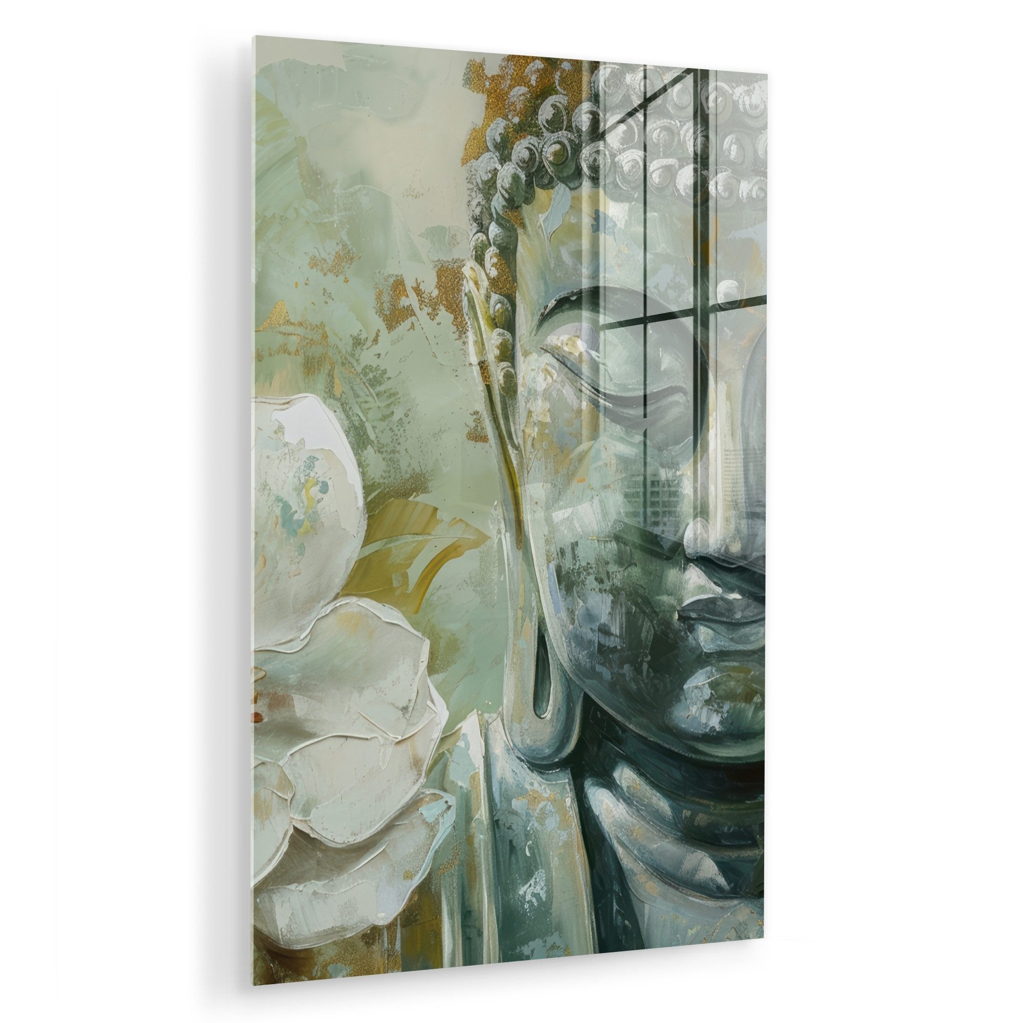 MuchoWow Acrylglasbild Buddha - Grün - Lotusblume - Weiß, Inkl. Aufhängung, Dekorative Bild für Küche & Wohnzimmer auf Glas, 20x30 cm