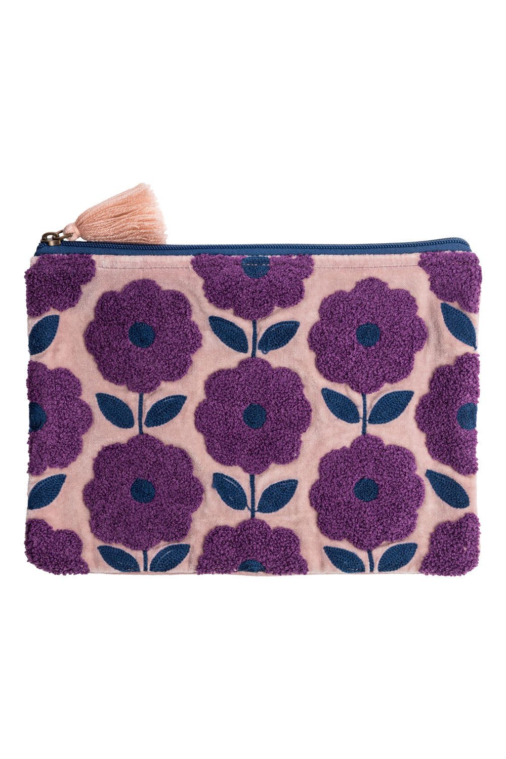 Tranquillo Aufbewahrungstasche aus Bio-Baumwolle BLOSSOM 26x18 cm mit Reißverschluss lila geräumig, Samttäschchen mit aufwendiger Stickerei und Quaste