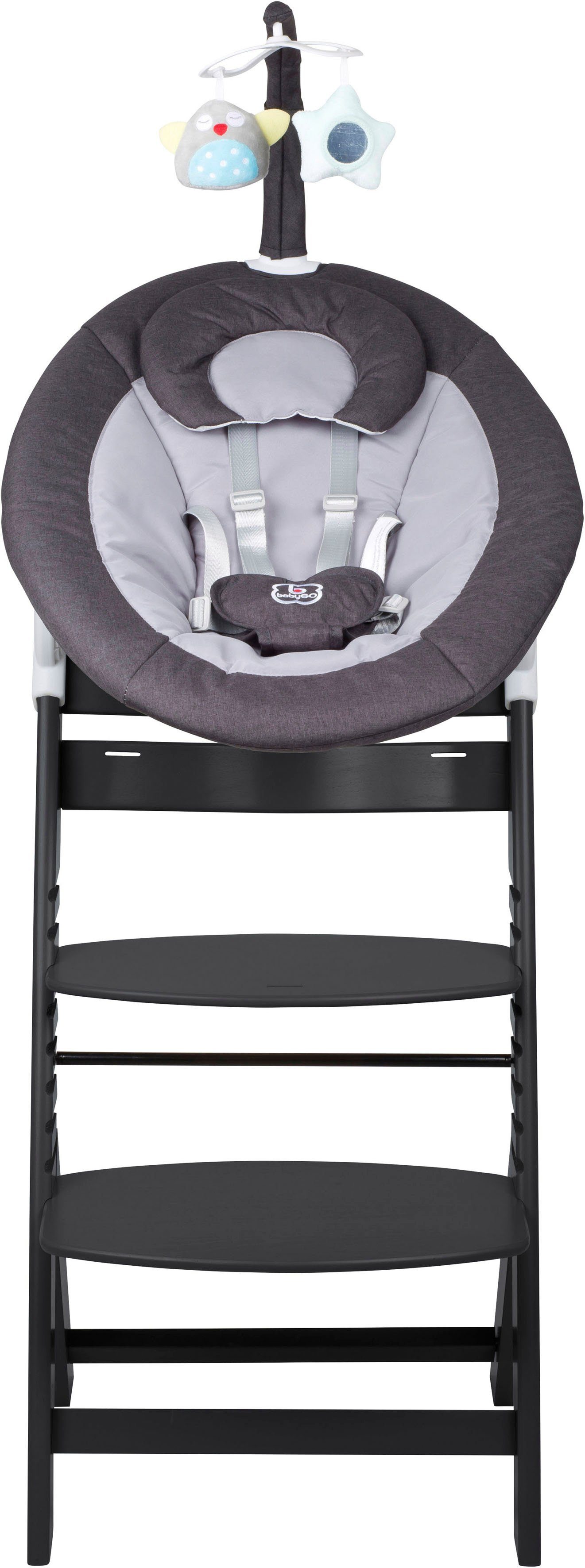 BabyGo Hochstuhl Family Homey Set, schwarz/dunkelgrau, mit elektrischer Babywippe inkl. Spielbogen