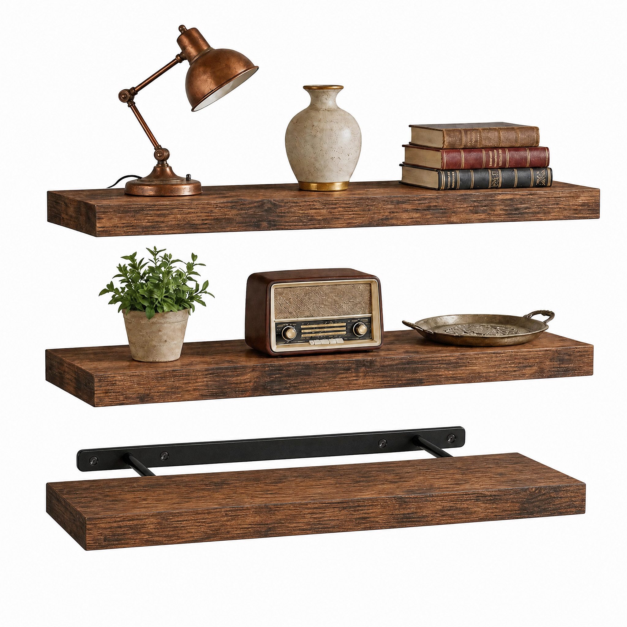 PFCTART Wandregal Wandregal 3er Set 40 cm Vintagebraun aus MDF & Stahl, Set 3-tlg., Schweberegal belastbar bis 10 kg – modern & platzsparend