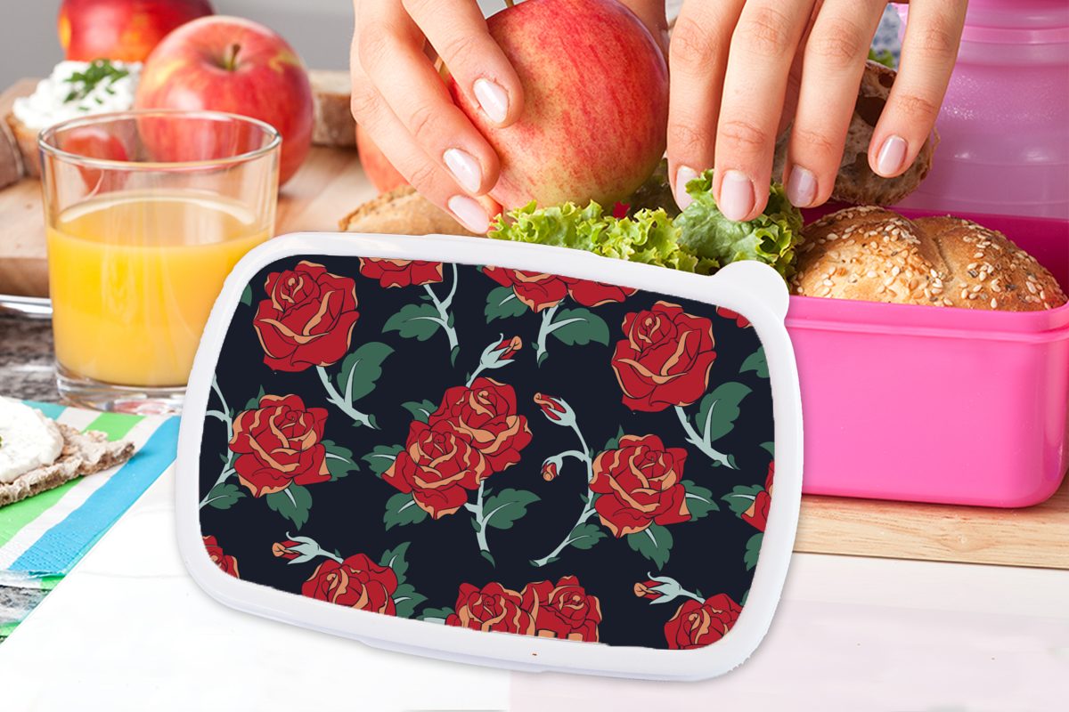- Mädchen, Lunchbox rosa Rot, Blume Kinder, MuchoWow Brotdose Erwachsene, Rosen - Kunststoff, Brotbox für Kunststoff (2-tlg), - Snackbox, Muster