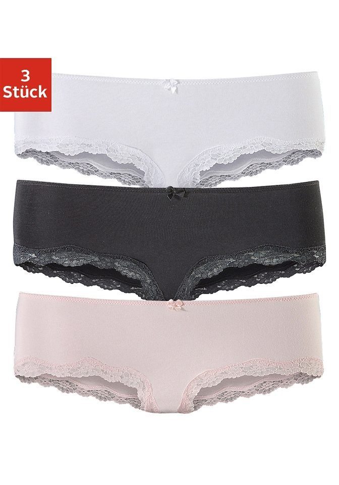 LASCANA Panty (3er-Pack) aus elastischer Baumwolle mit zarter Spitze