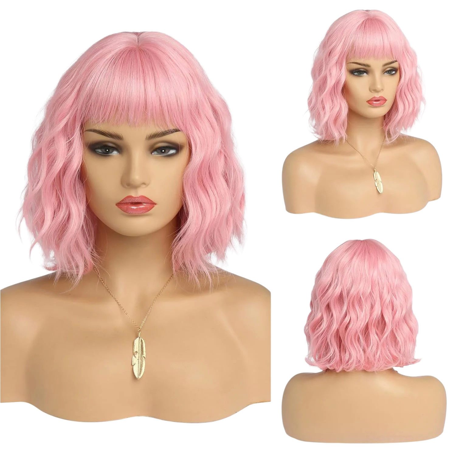 Refttenw Kostüm-Perücke Kurze Gewellt Schwarze Perücke Damen, Bob Perücke mit Pony, Rosa