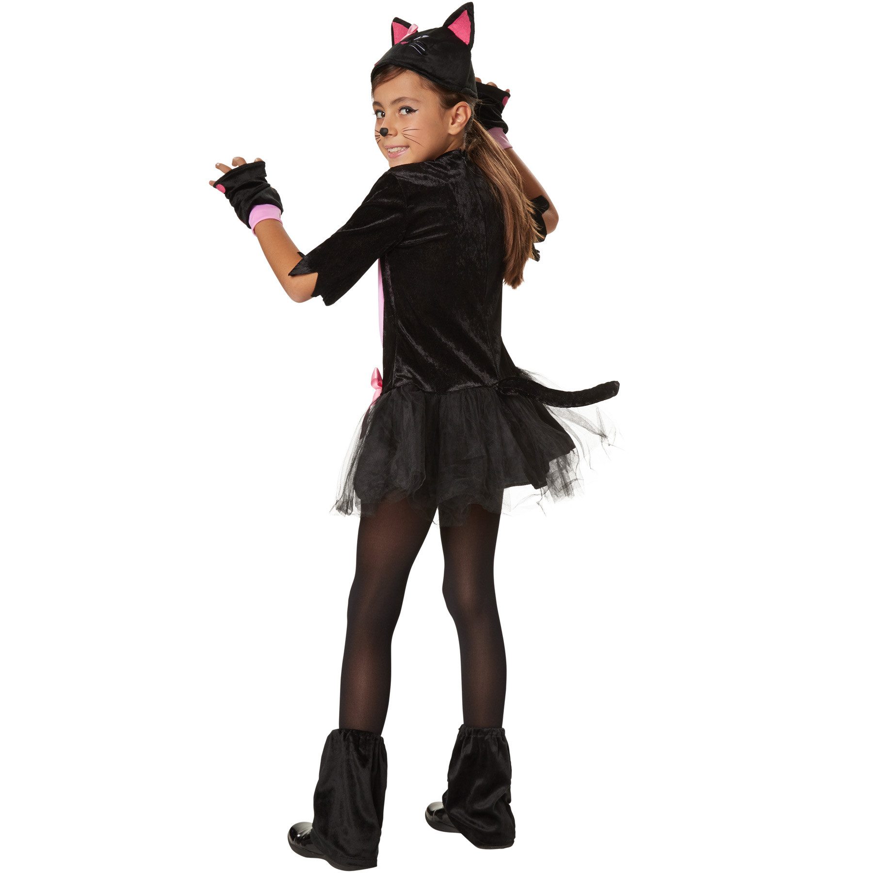 dressforfun Kostüm Mädchenkostüm Pinkes Samtpfötchen, Katzenkostüm aus schwarzem Plüsch mit rosafarbenen Akzenten