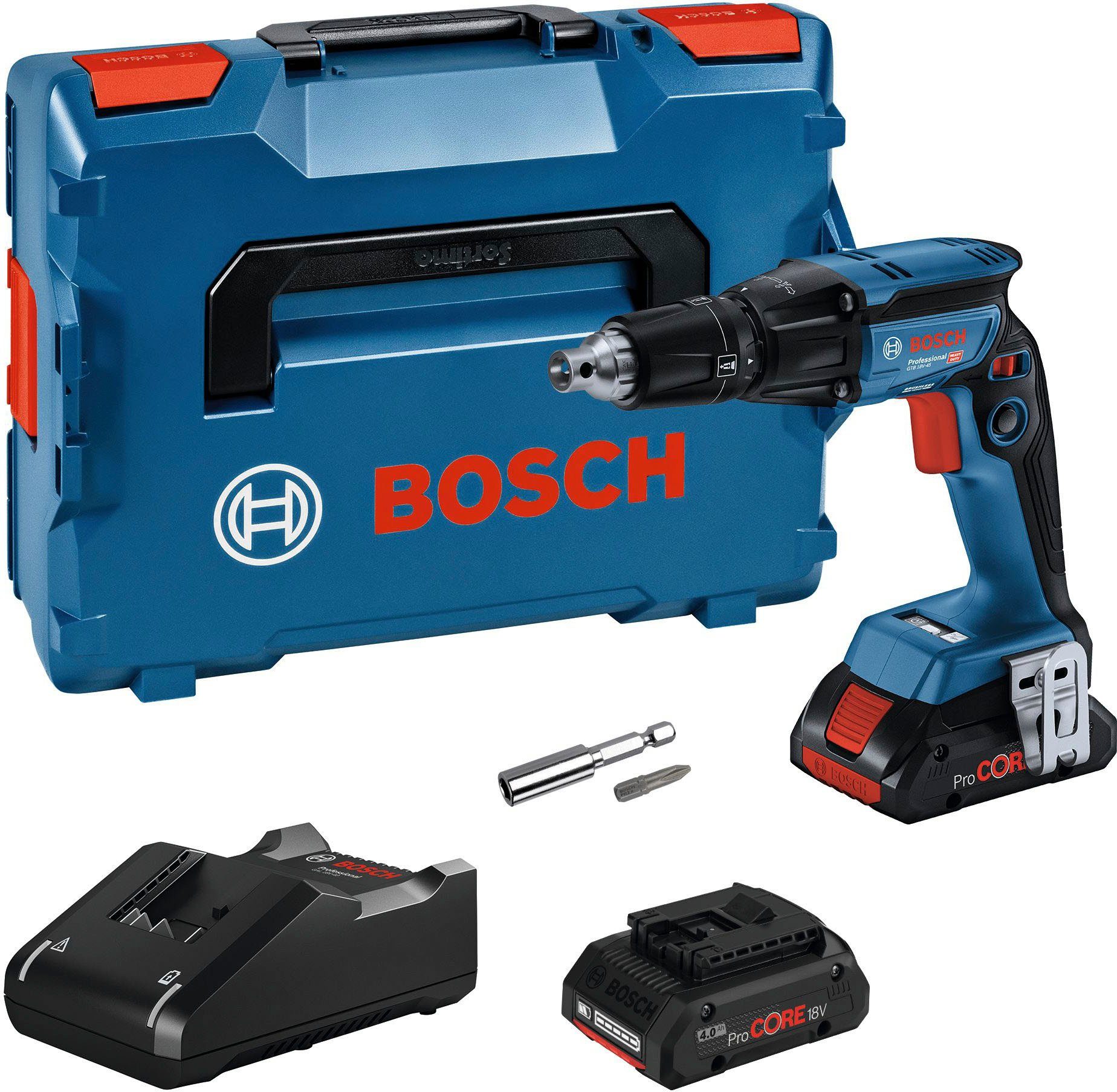 Inkl. Bosch Nm, 6 (2xPC4, Akku-Trockenbauschrauber Ladegerät Professional 18V-45 Akkus GTB und (Komplett-Set),