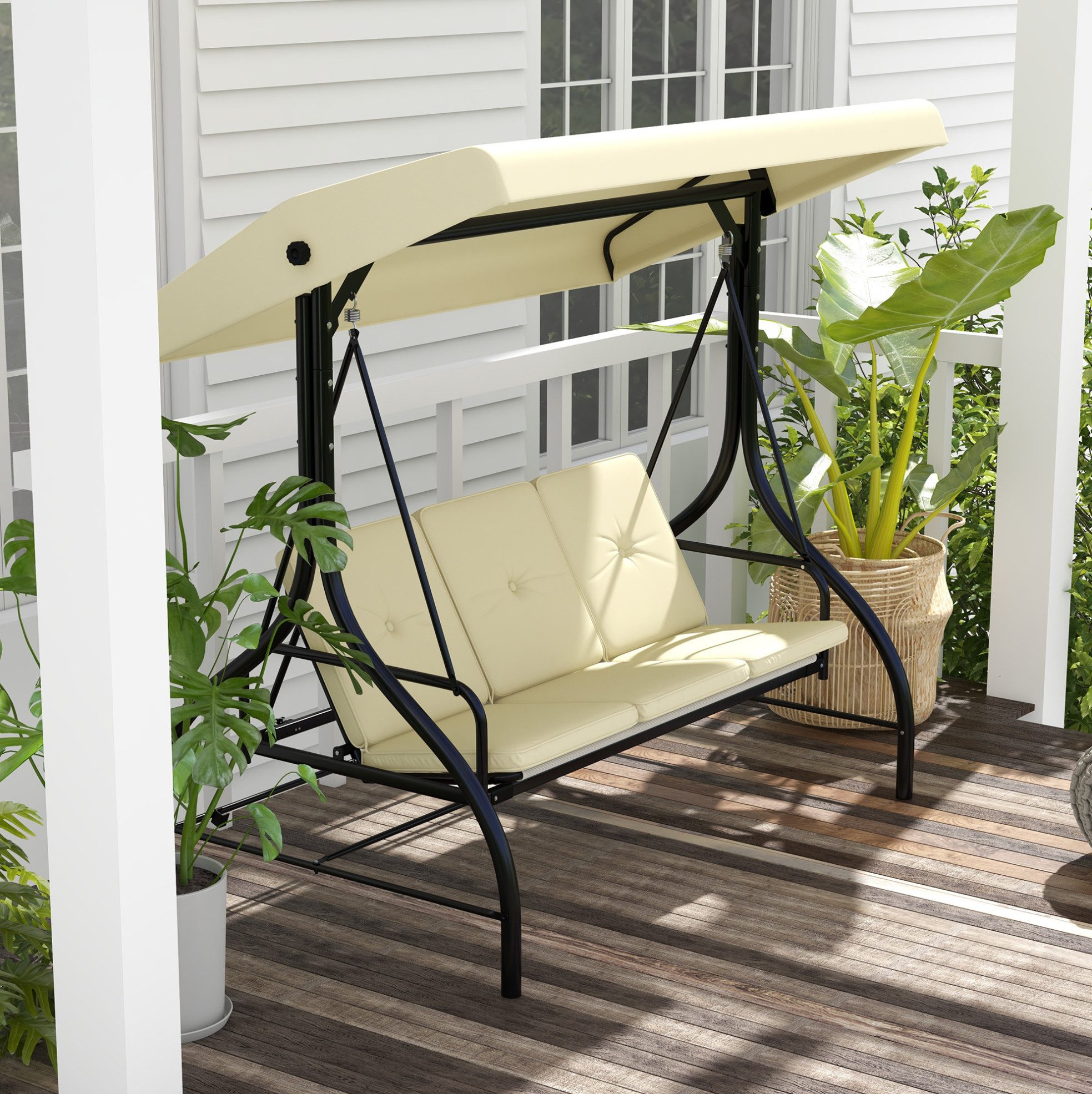 MODFU Hollywoodschaukel 3-Sitzer Liegefunktion 195x117x175 cm, 3-Sitzer, Packung, 1 tlg., Schaukelbank bis 240 kg, Gartenliege für Terrasse & Outdoor Bereich, Gartenschaukel mit Sonnendach Schaukelbank bis 240 kg Garten