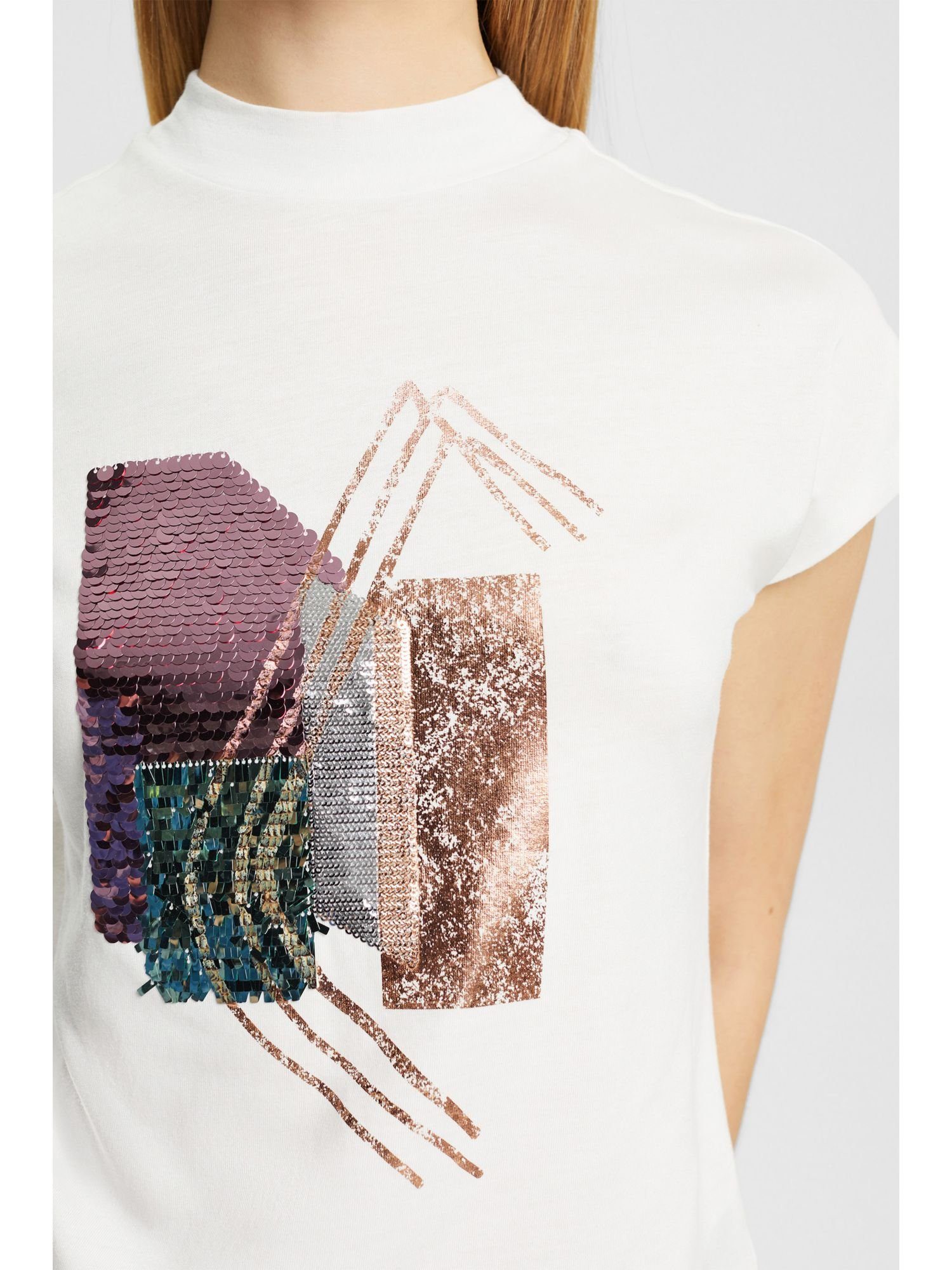 Esprit Collection T-Shirt T-Shirt mit Paillettenapplikation, (1-tlg) OFF WHITE TENCEL™