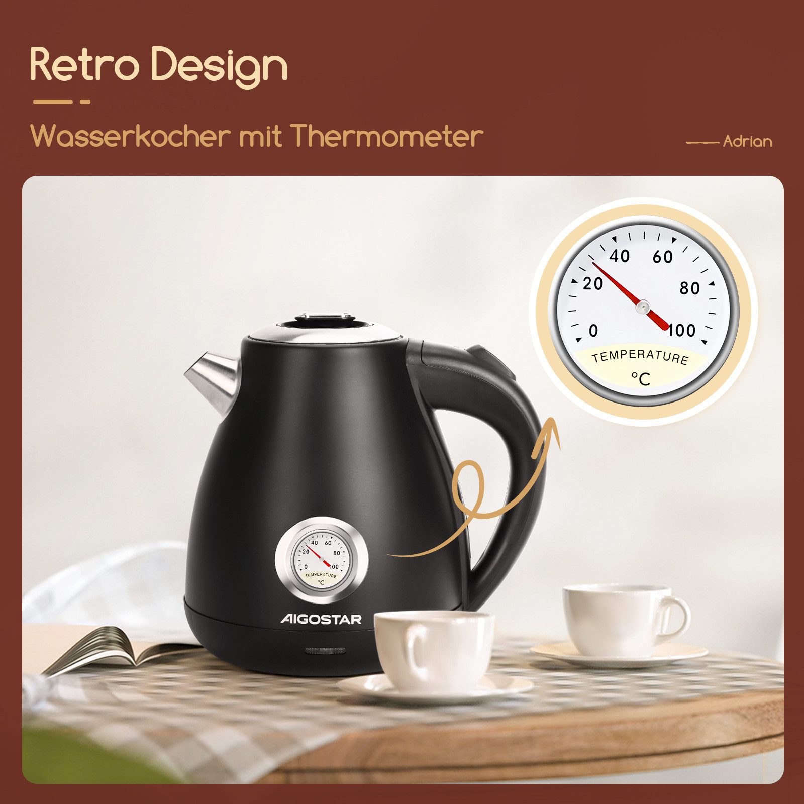 Aigostar Wasserkocher Retro Edelstahl Wasserkocher mit Temperaturanzeige, 1,7L, Retro Edelstahl Wasserkocher mit Temperaturanzeige, 1,7L