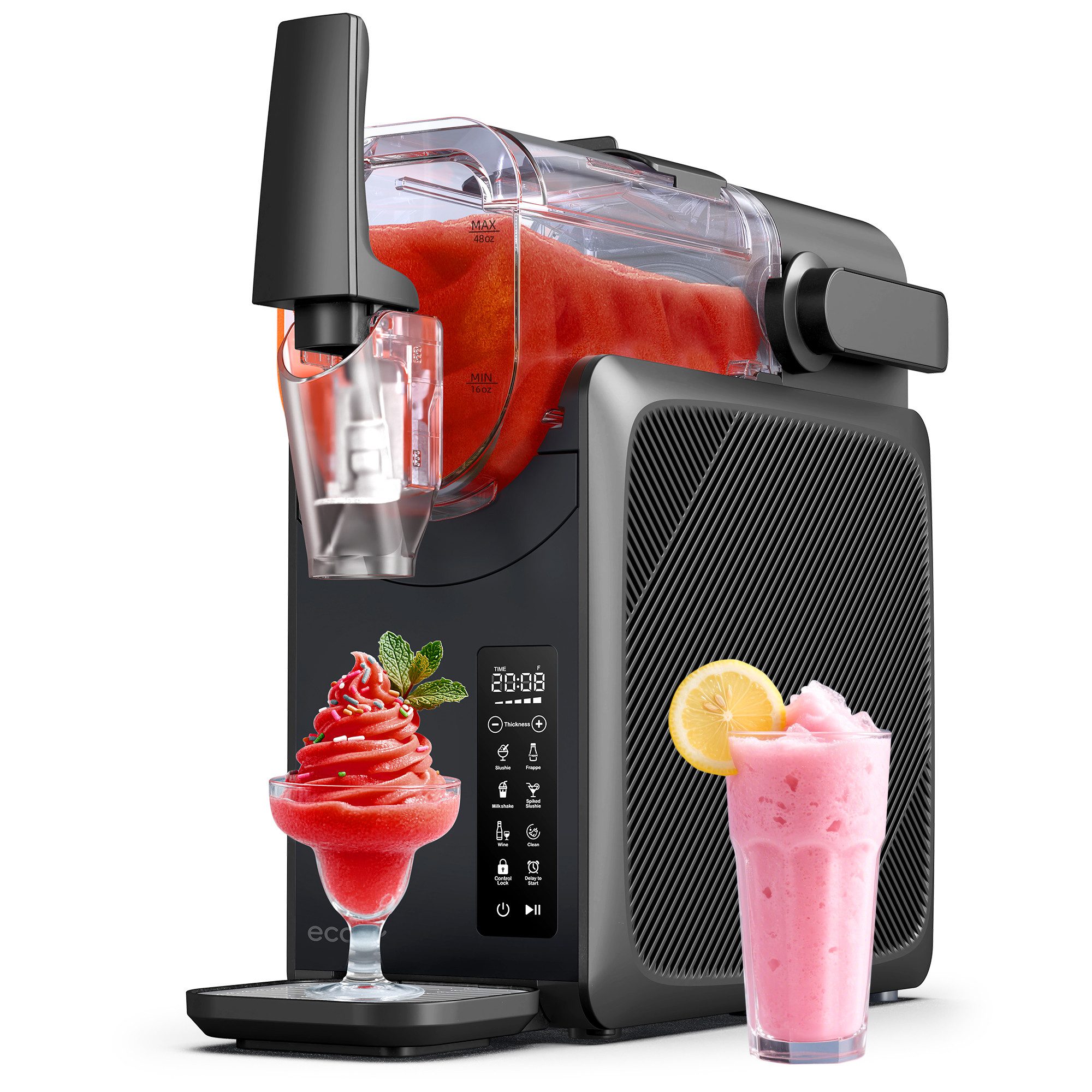 eCozy Slush-Eismaschine 2L Slush Maschine, 24h-Timer, Selbstreinigung, 5 Programme, 2 l, 220 W, Kindersicherung, LED-Touchscreen, Kein Eis erforderlich, Keep Cool