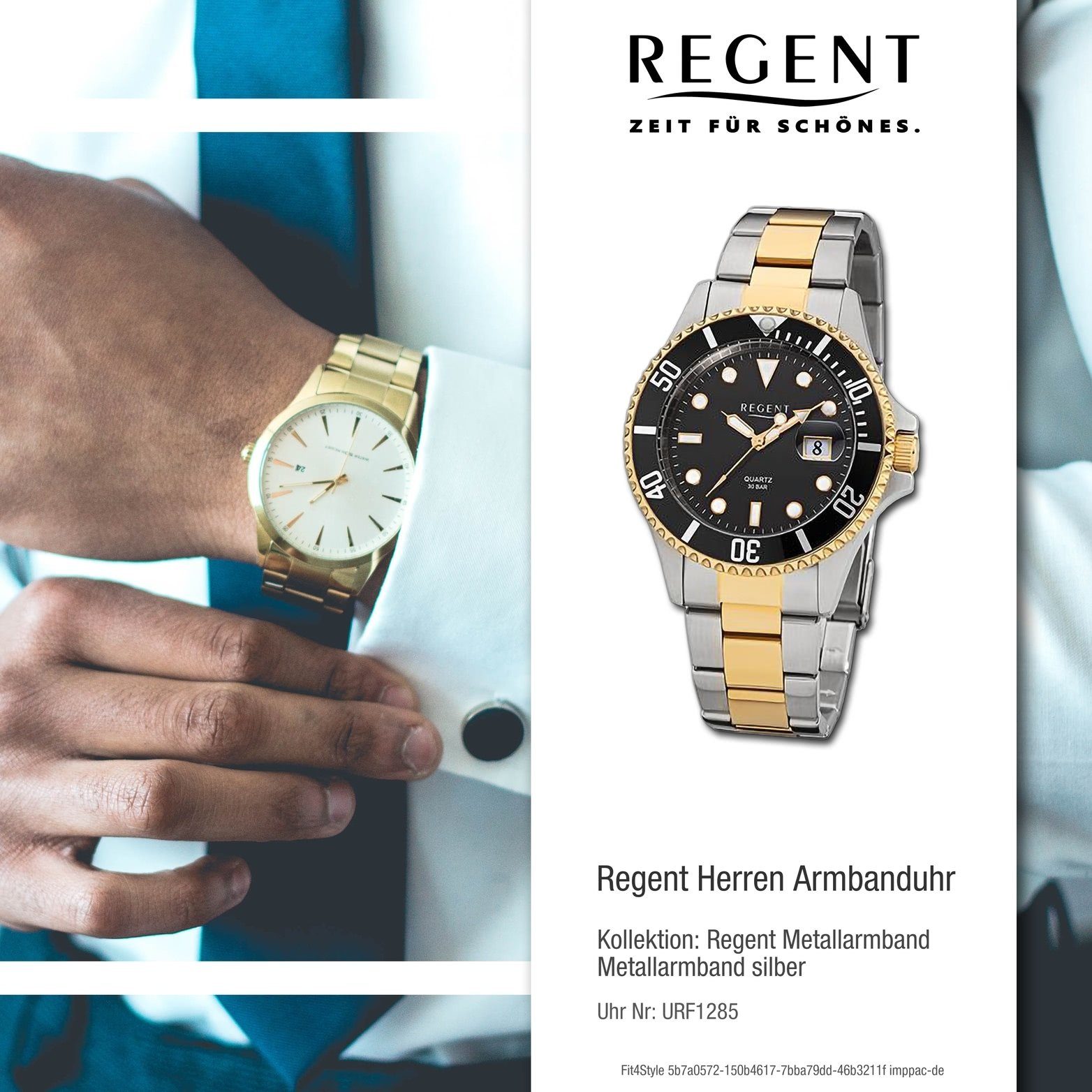 Regent silber, Armbanduhr gold, Quarzuhr Analog, groß Regent Metallarmband Herren rundes 40mm) Gehäuse, Herrenuhr (ca.