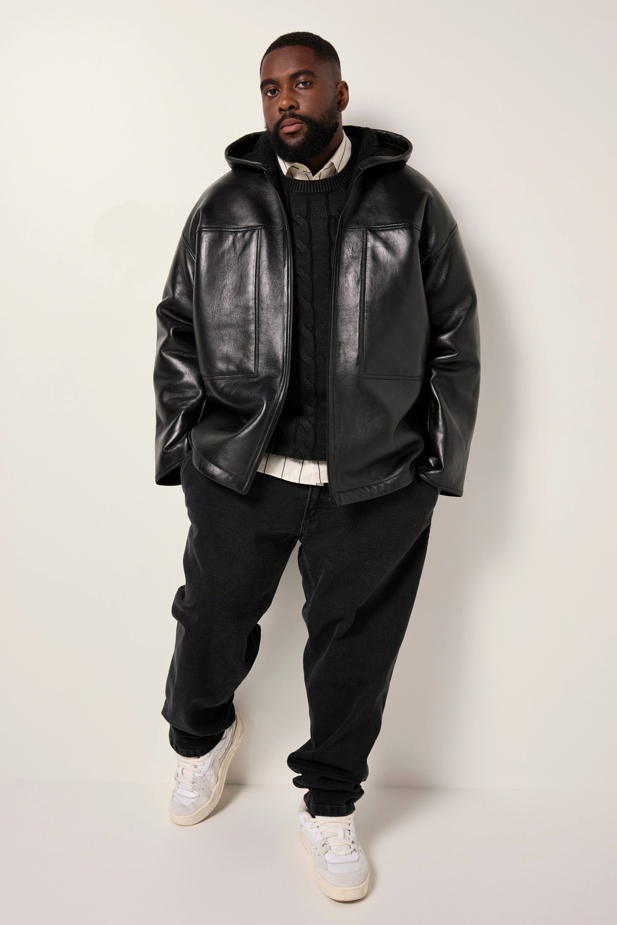 STHUGE Lederjacke Lederjacke Lammnappa-Leder Kapuze Teddyfutter