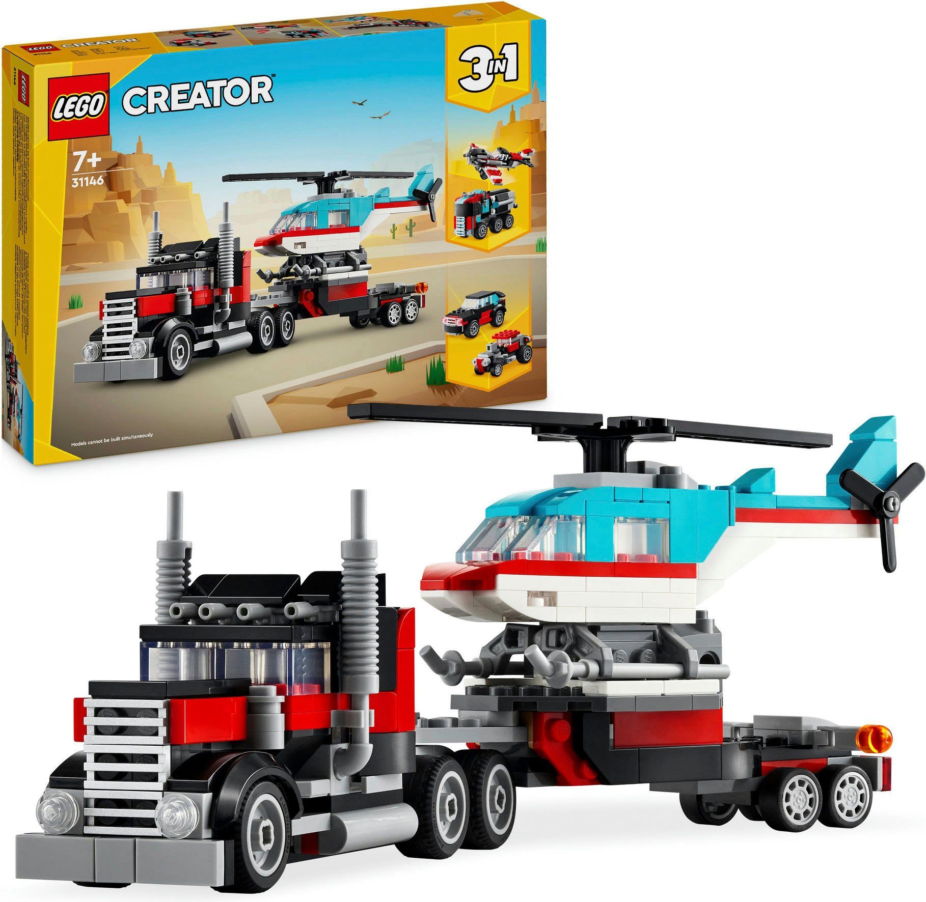 LEGO® Konstruktionsspielsteine Tieflader mit Hubschrauber (31146), LEGO Creator 3in1, (270 St), Made in Europe
