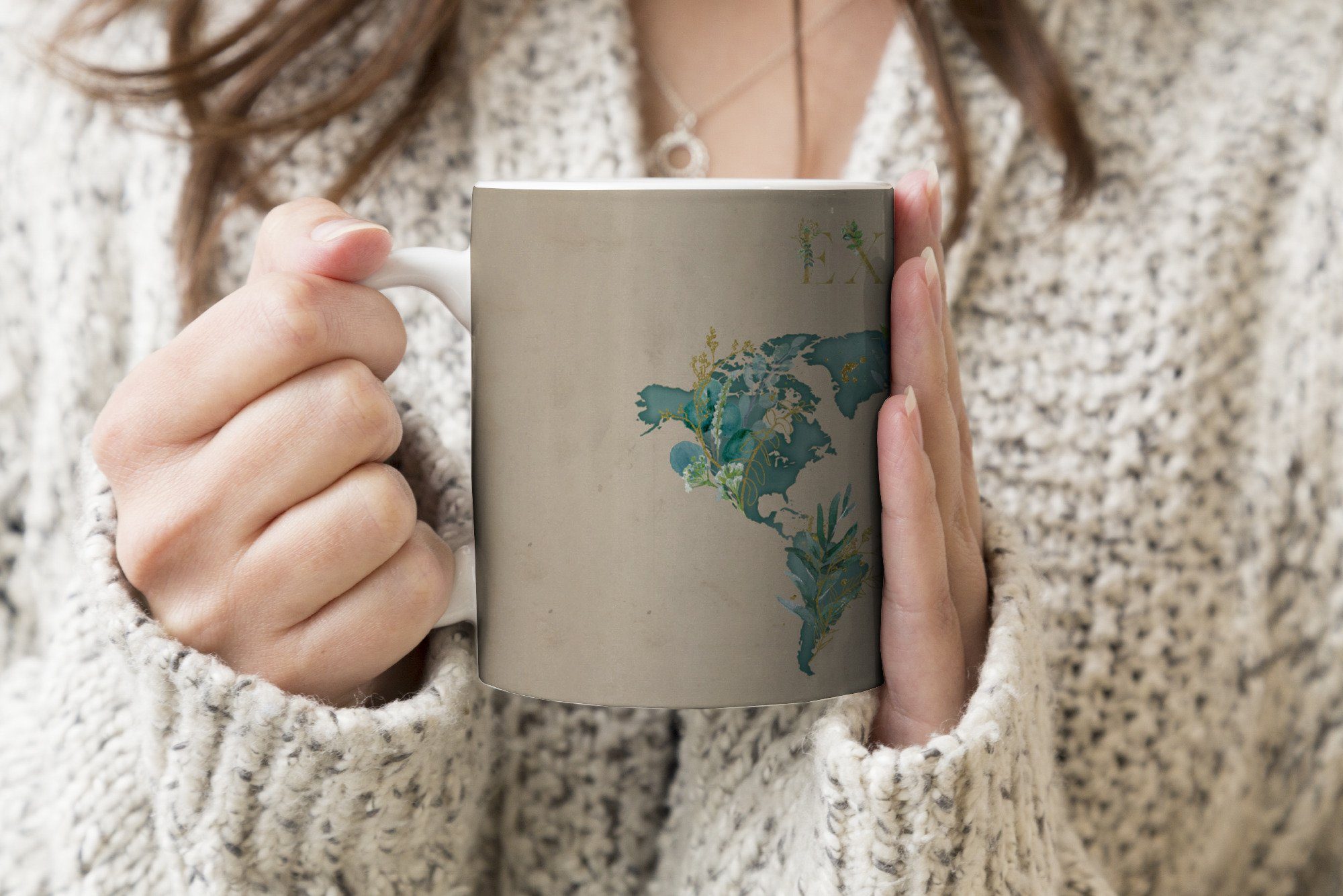 Teetasse, Keramik, MuchoWow Weltkarte Becher, Tasse Kaffeetassen, - Teetasse, Pflanzen Geschenk - Wasser,