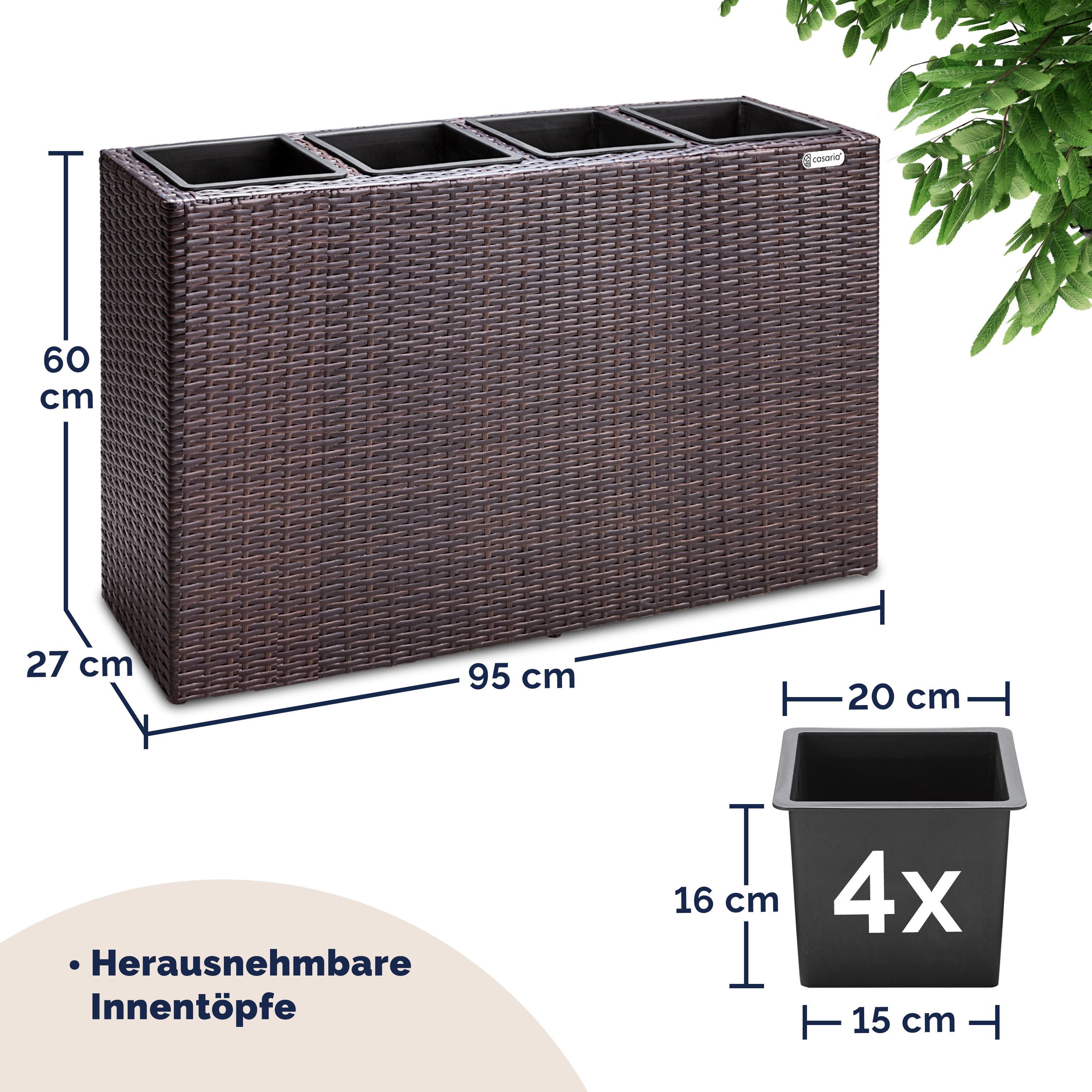 Casaria Pflanzkübel, 4 Innentöpfe Herausnehmbar Polyrattan 95x27x60cm Blumentopf Braun