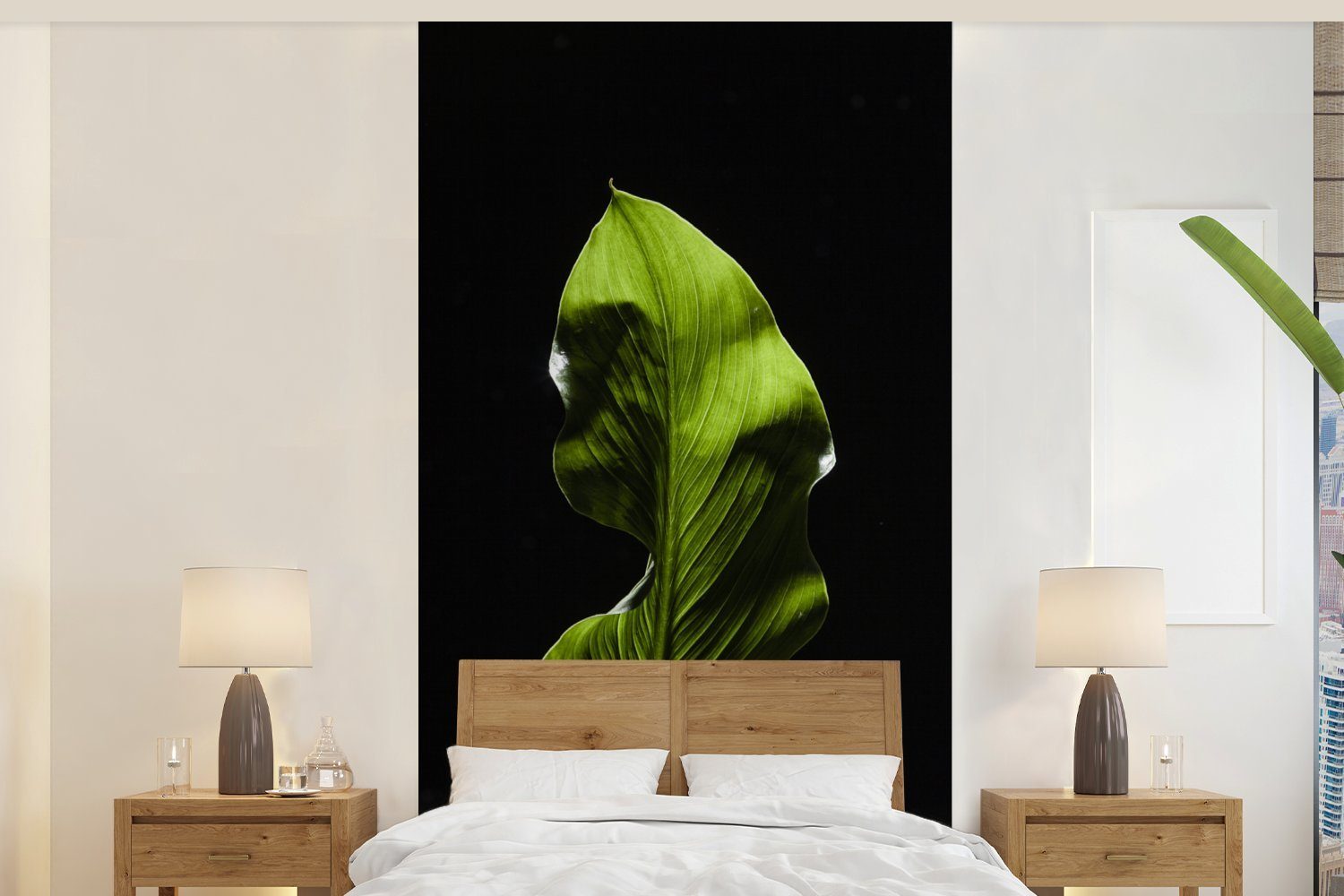 MuchoWow Fototapete Ein grünes St), Hintergrund, Vliestapete (2 Matt, Küche, Blatt Wohnzimmer schwarzem bedruckt, auf Schlafzimmer Fototapete für