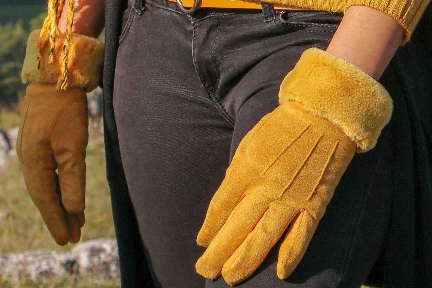Handschuhe Unifarbene Fleecehandschuhe Touchscreen styleBREAKER Kunstfell mit Schwarz