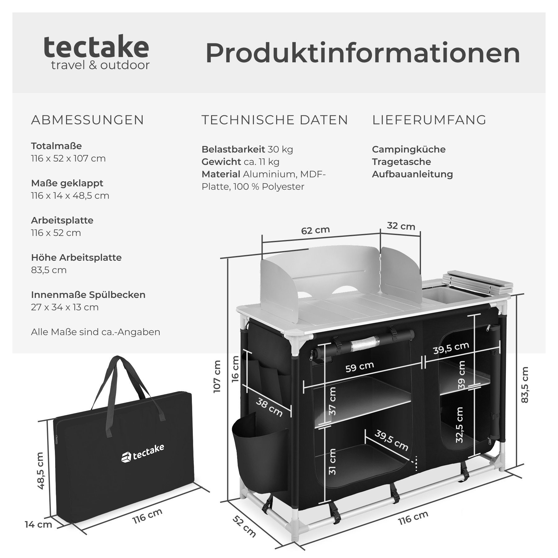 tectake Campingtisch Campingküche Luxus mit 4 Fächern (1-St., 1 tlg), Vielseitige Aufbauküche