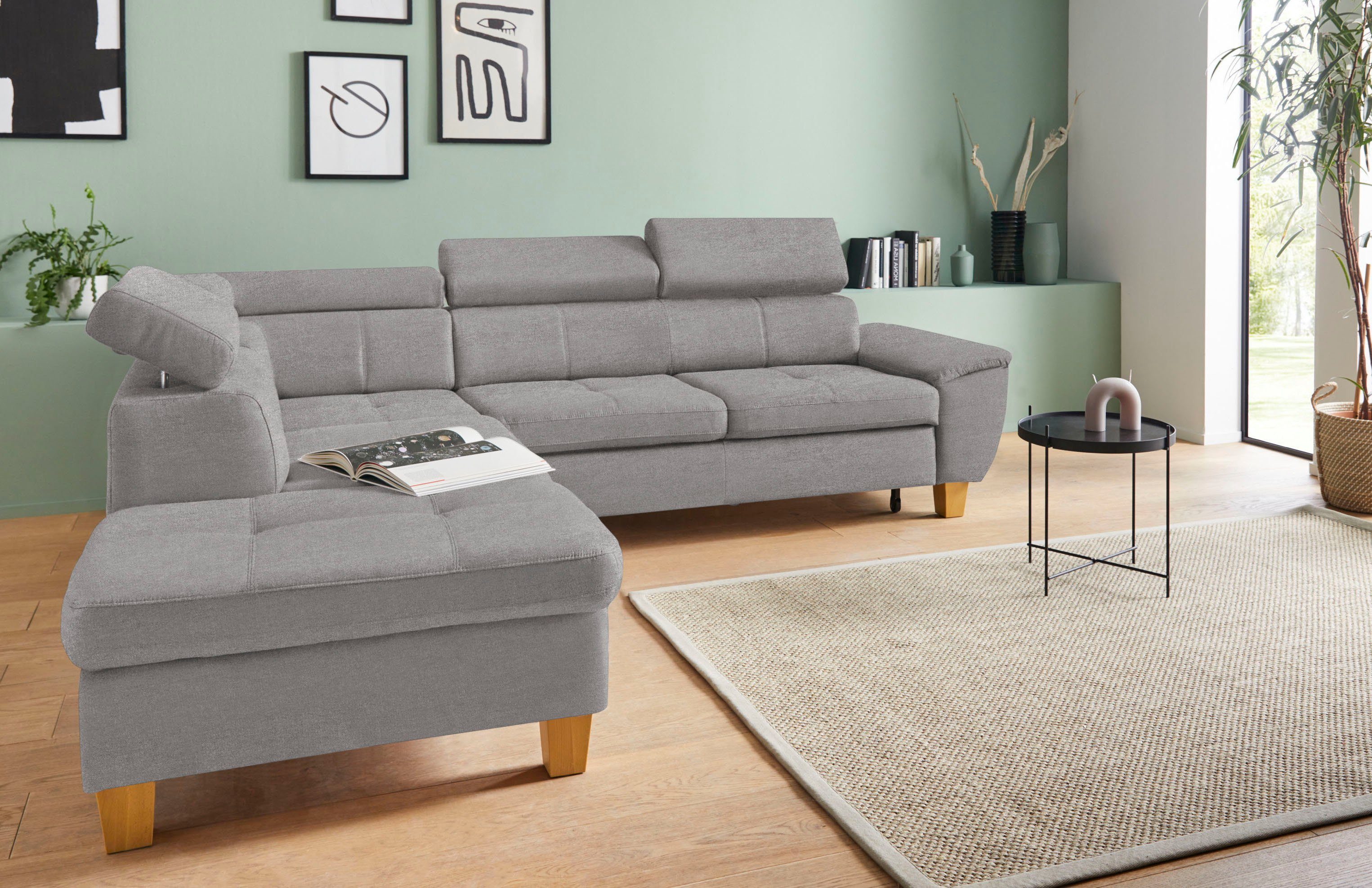 exxpo - sofa fashion Ecksofa Enya, hoher Sitzkomfort, Breite 266cm, bequem, 12cm hohe Füße, L-Form, mit Kopfteilverstellung, wahlweise Bettfunktion u. Bettkasten