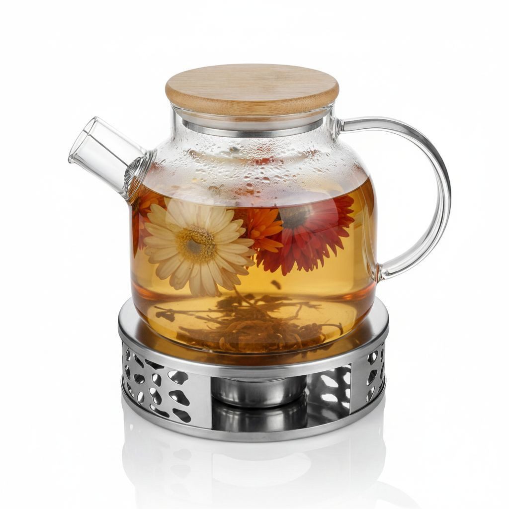 Arendo Teekanne Glas Teebereiter mit Stövchen, Sieb & Bambusdeckel für losen Tee, 1,4 l, (Set, Glaskanne, Teesieb, Rechaud), Borosilikatglas, Tischkocher, Edelstahlsieb, hitzebeständig, Geschenk