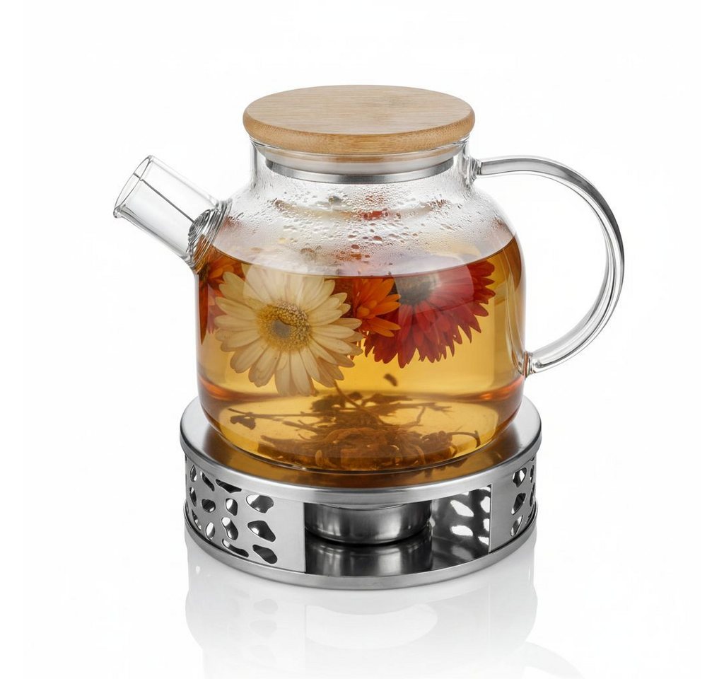 Arendo Teekanne Glas Teebereiter mit Stövchen, Sieb & Bambusdeckel für losen Tee, 1,4 l, (Set, 1-St., Rechaud, Glaskanne, Teesieb), Borosilikatglas, Tischkocher, Edelstahlsieb, hitzebeständig, Geschenk
