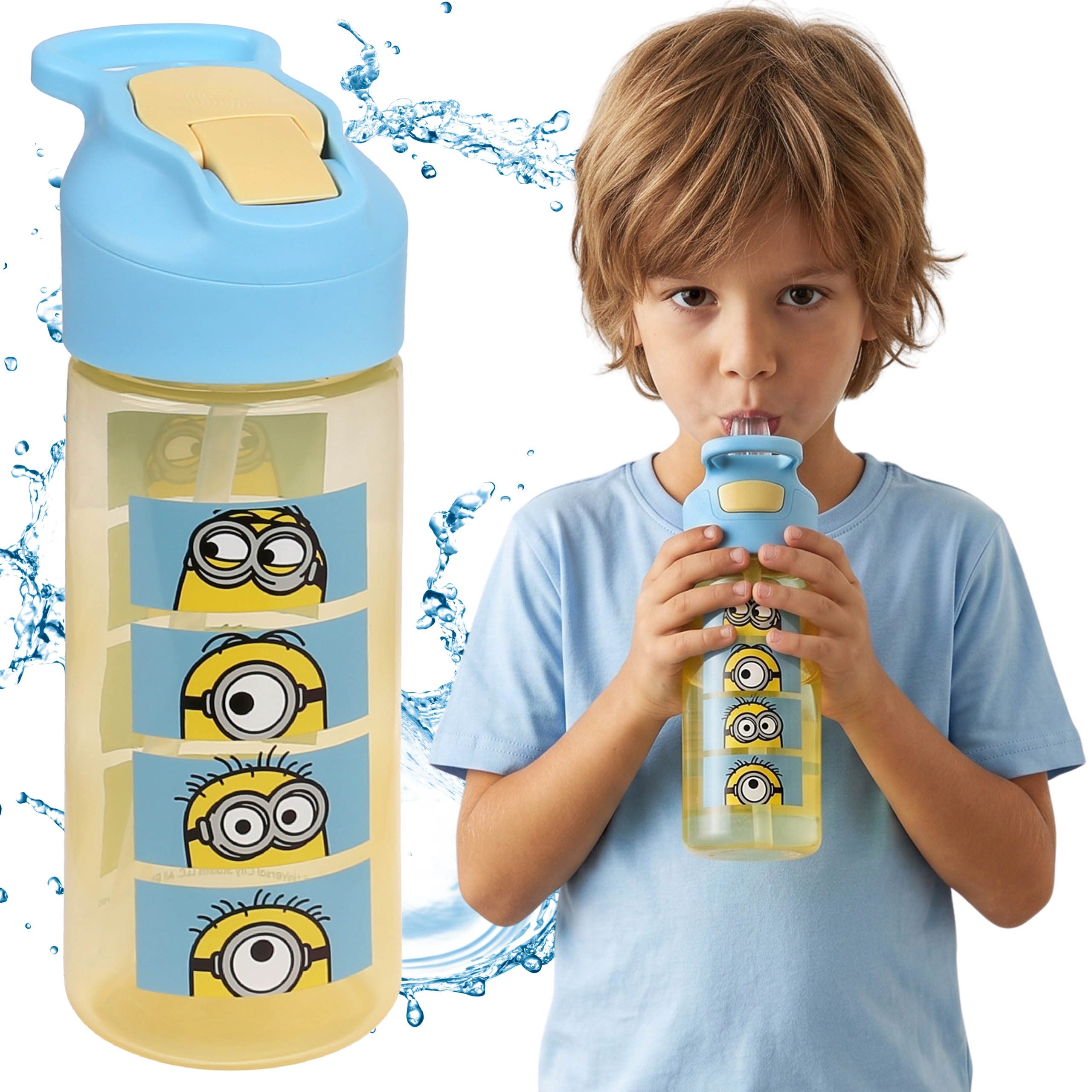 Sarcia.eu Trinkflasche Minions Wasserflasche mit Trinkhalm und Griff, transparent, 450 ml